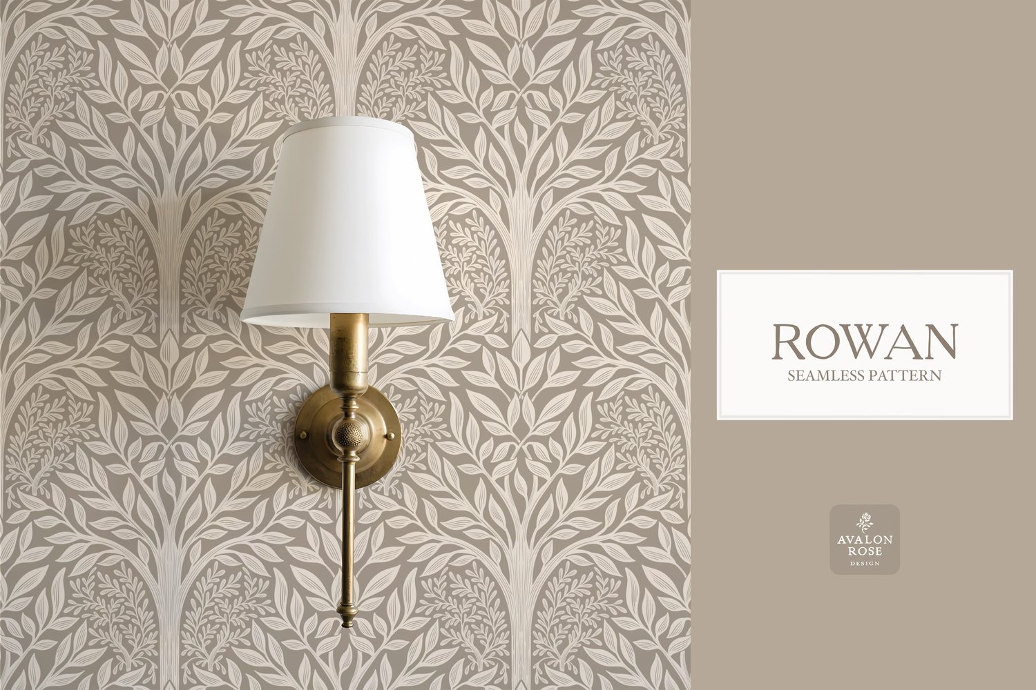 Hand drawn seamless pattern featuring woodland trees and leaves in beige on wallpaper behind a wall sconce