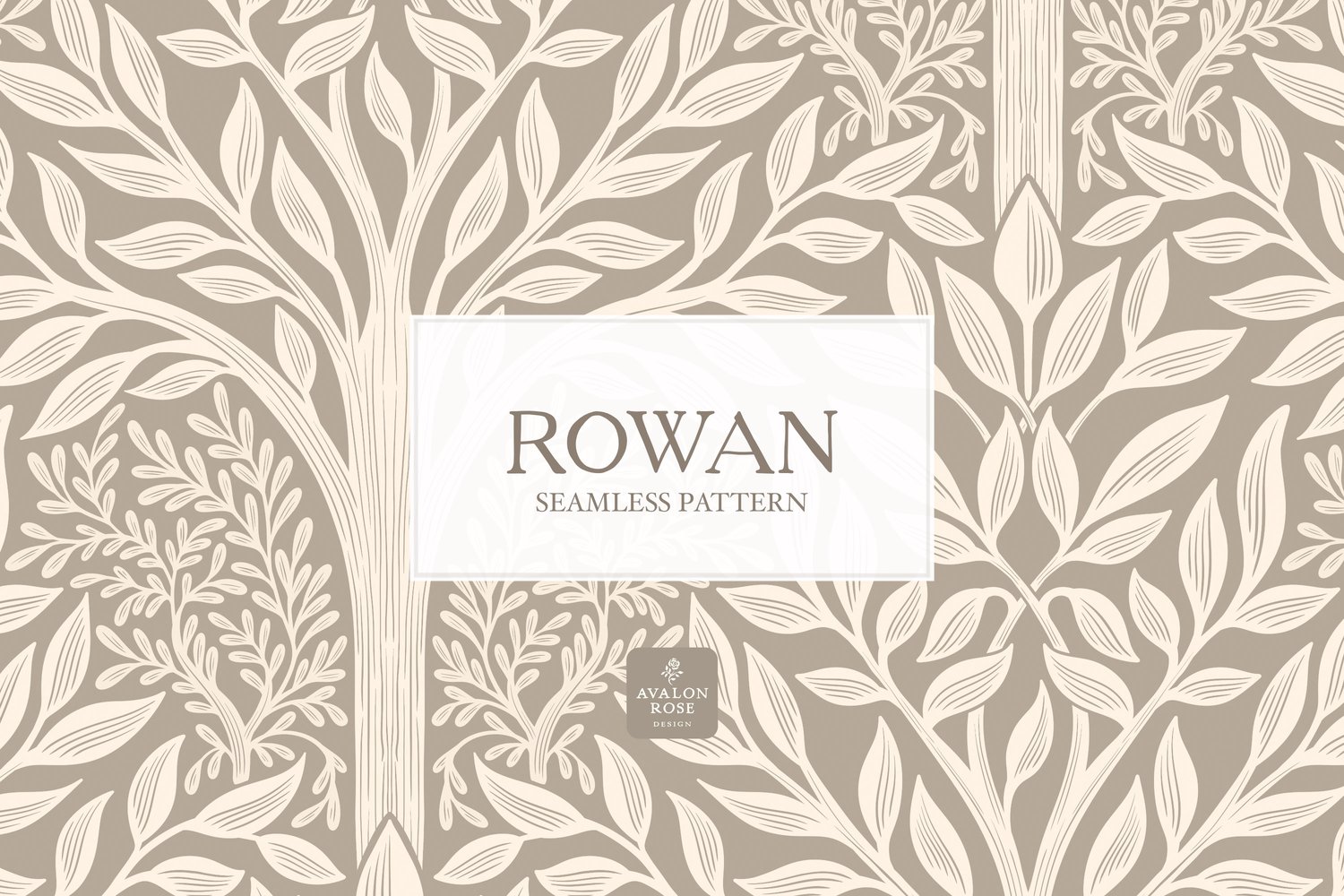 Hand drawn seamless pattern featuring woodland trees and leaves in beige