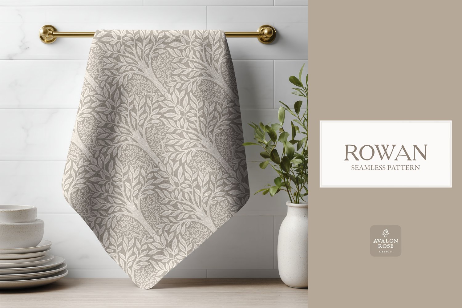Hand drawn seamless pattern featuring woodland trees and leaves in beige on a tea towel hanging on a brass rod