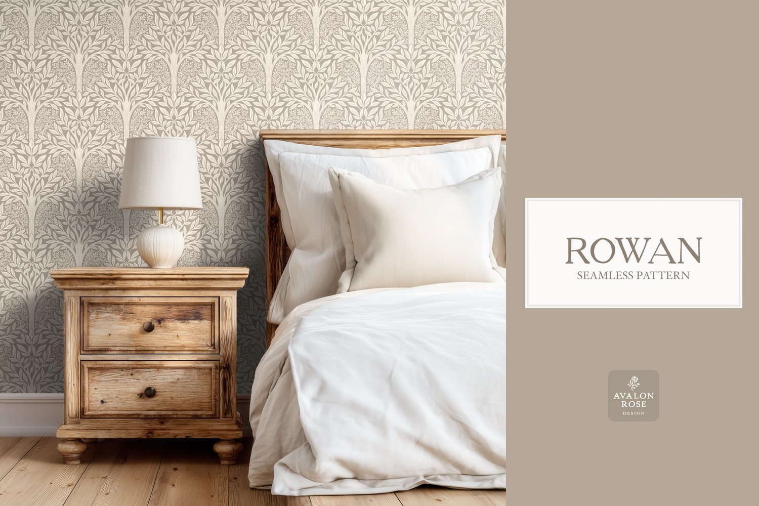 Hand drawn seamless pattern featuring woodland trees and leaves in beige on wallpaper in a bedroom