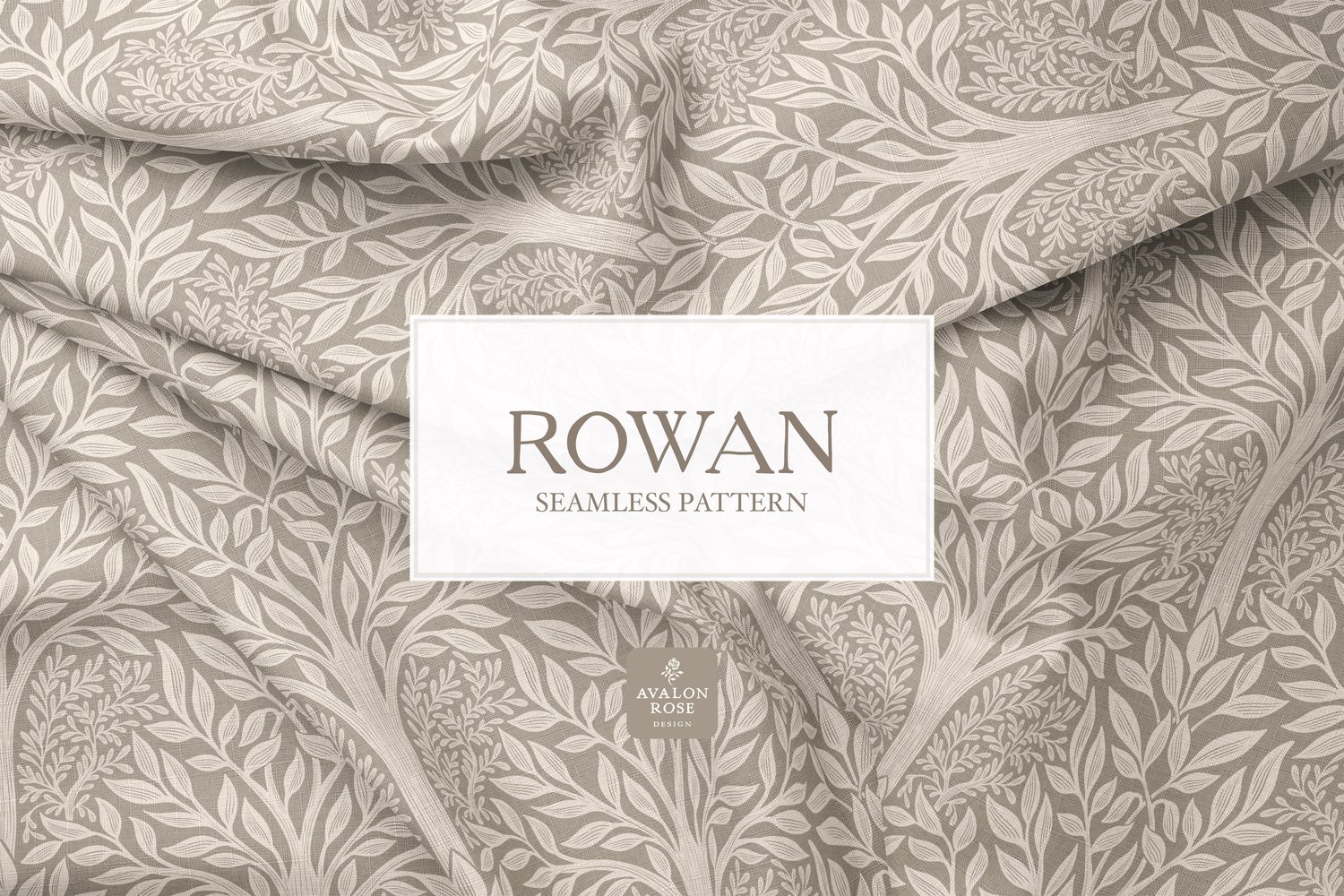 Hand drawn seamless pattern featuring woodland trees and leaves in beige on creased fabric