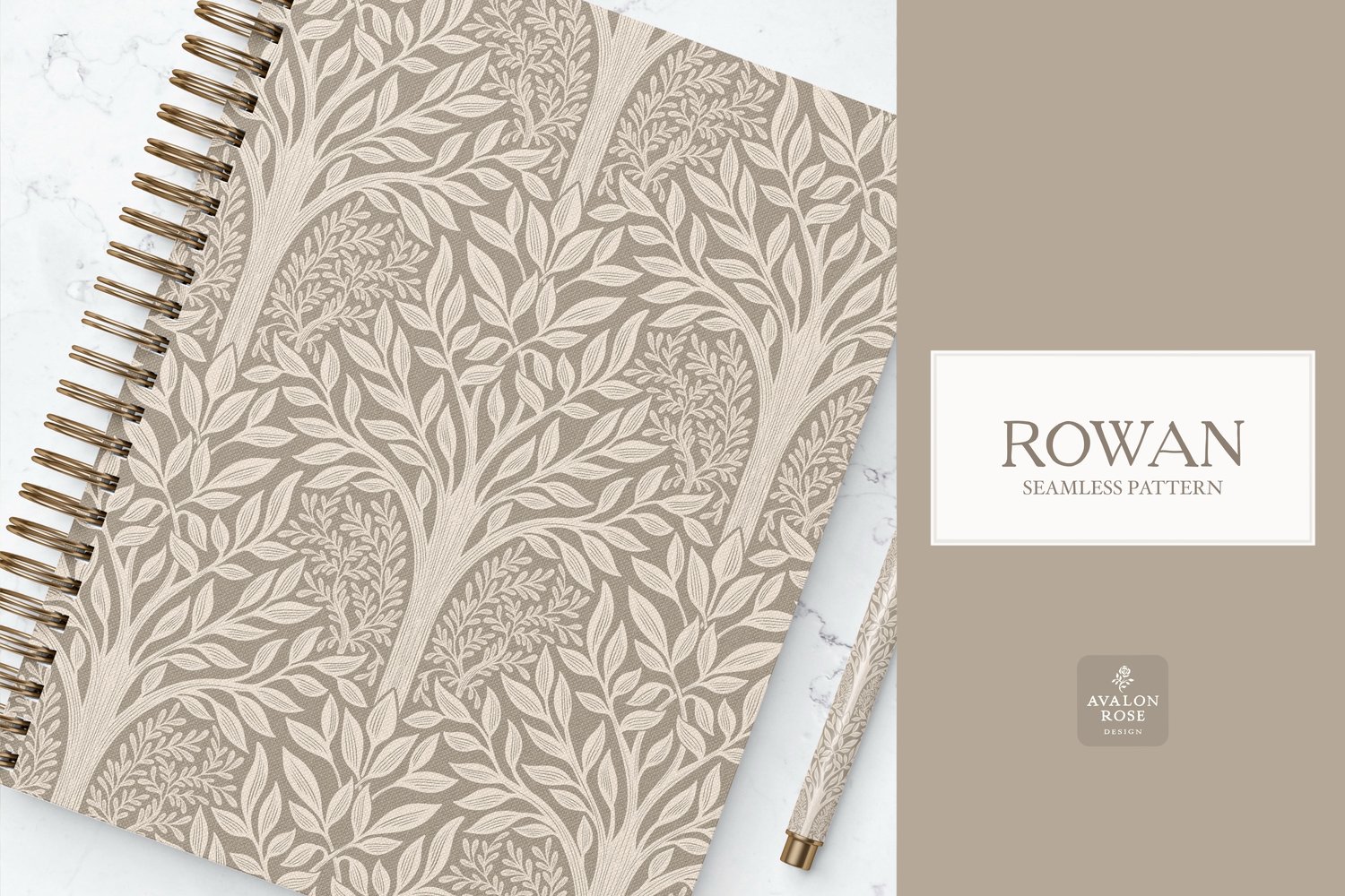 Hand drawn seamless pattern featuring woodland trees and leaves in beige on a spiral notebook