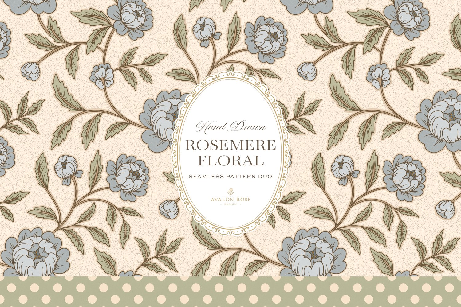 seamless surface pattern featuring hand drawn stylized floral climbing roses with a matching polka dot in blue, green and cream