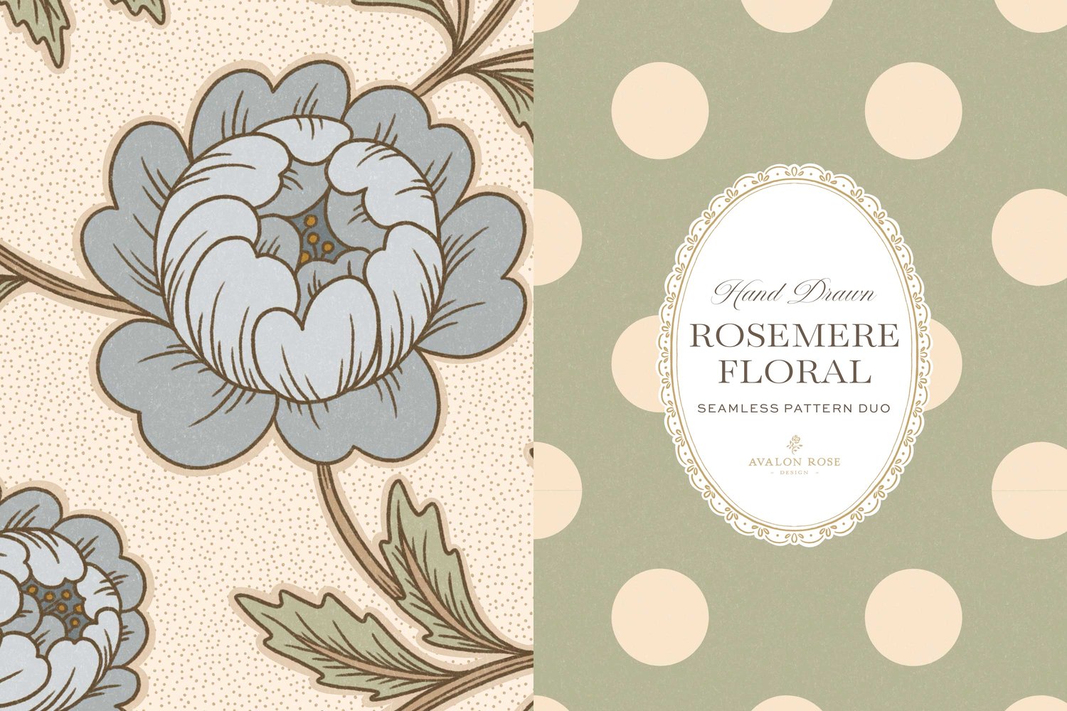 seamless surface pattern featuring hand drawn stylized floral climbing roses with a matching polka dot in blue, green and cream