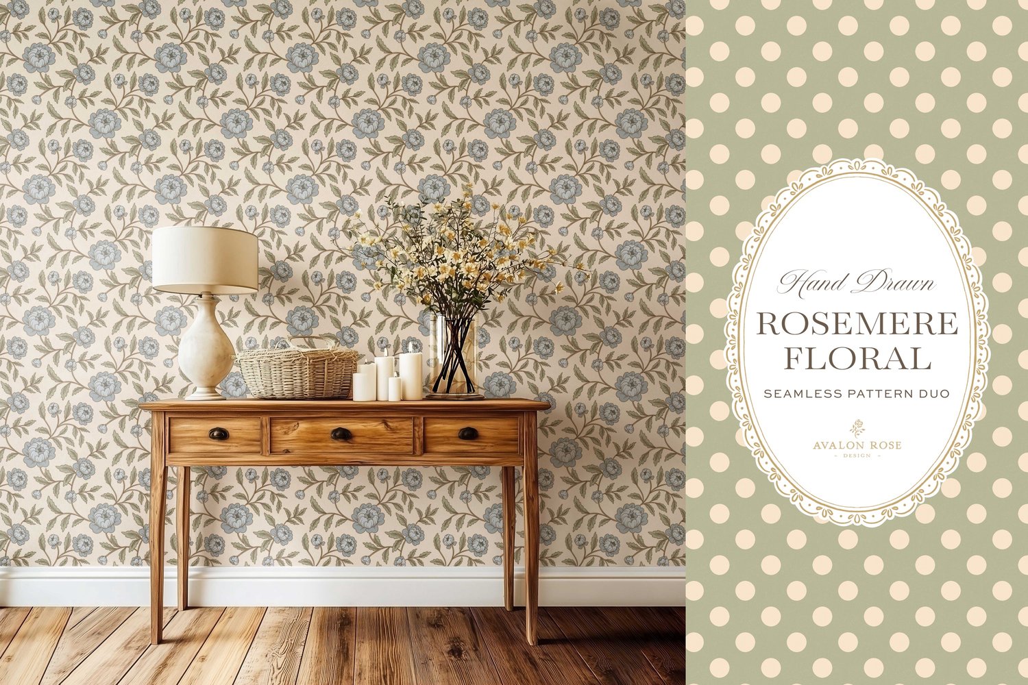 Cottage style room with wallpaper featuring hand drawn stylized floral climbing roses with a matching polka dot in blue, green and cream