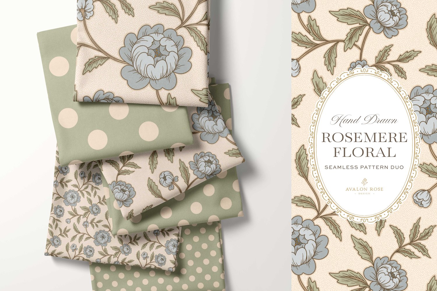 Stacks of fabrics seamless surface pattern featuring hand drawn stylized floral climbing roses with a matching polka dot in blue, green and cream