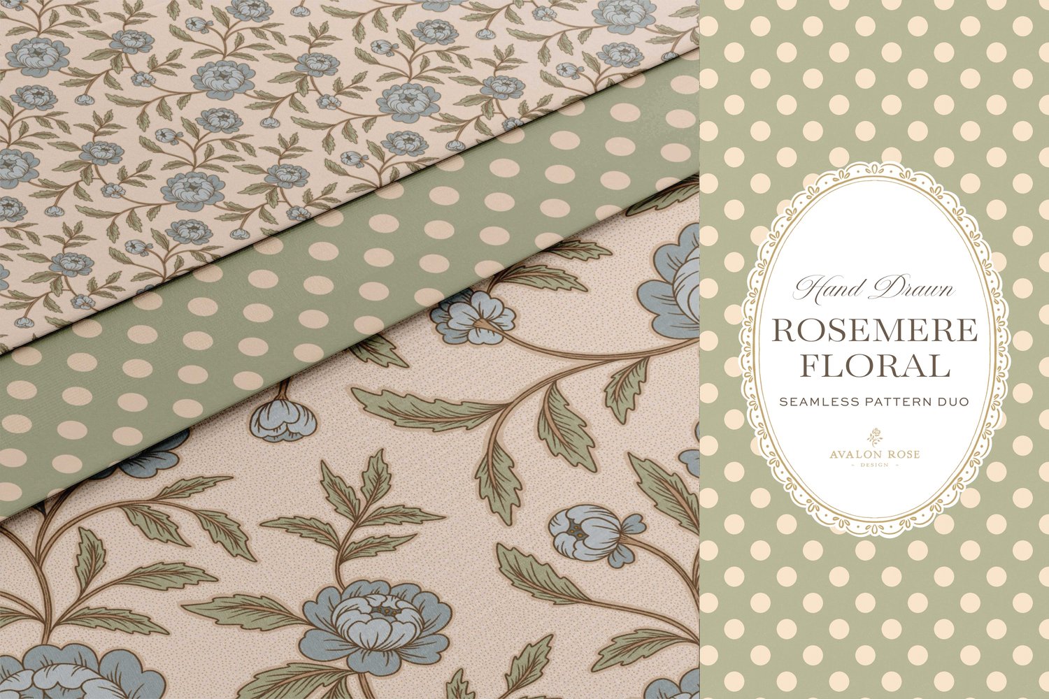 seamless surface pattern featuring hand drawn stylized floral climbing roses with a matching polka dot in blue, green and cream