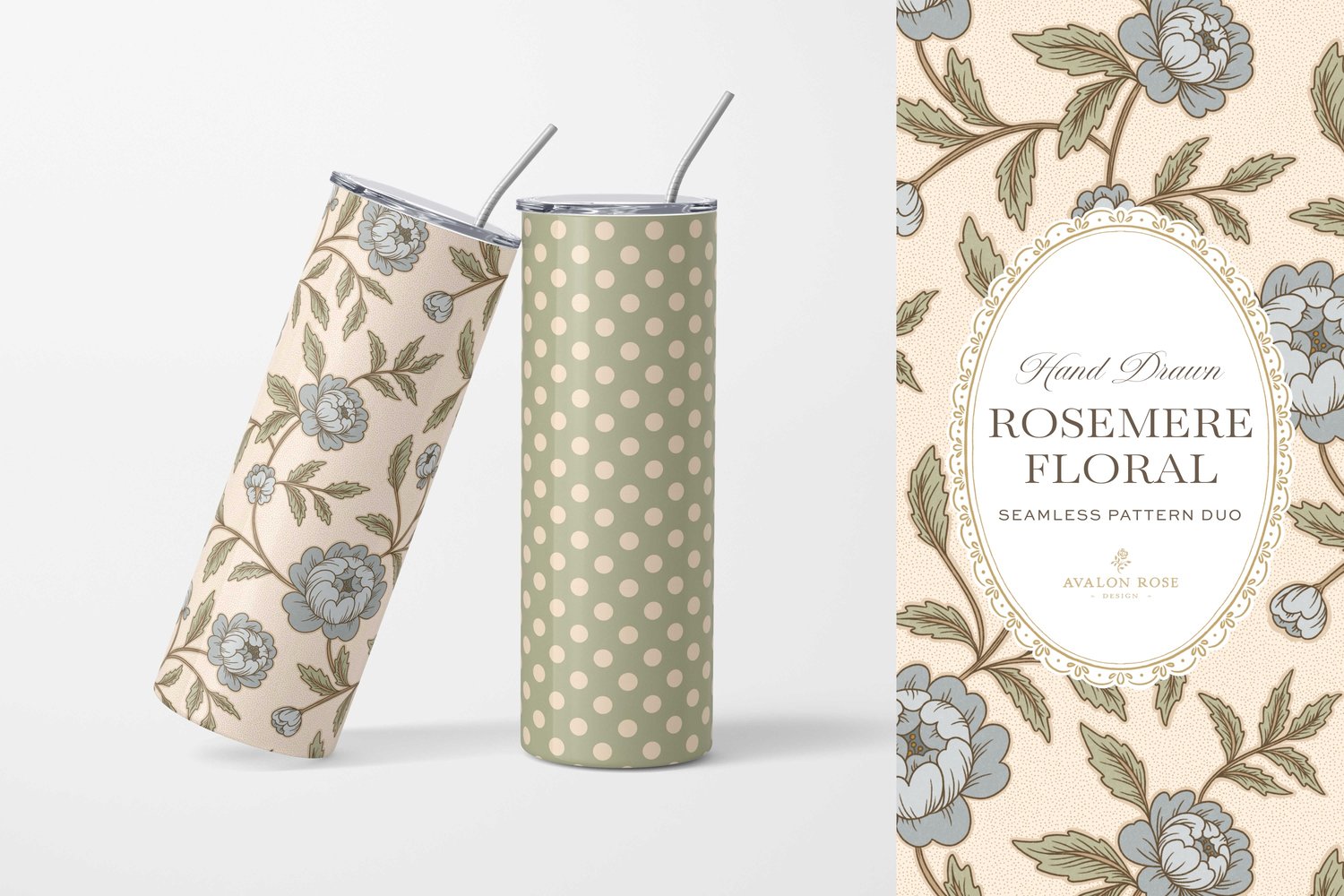 seamless surface pattern featuring hand drawn stylized floral climbing roses with a matching polka dot in blue, green and cream on tumblers