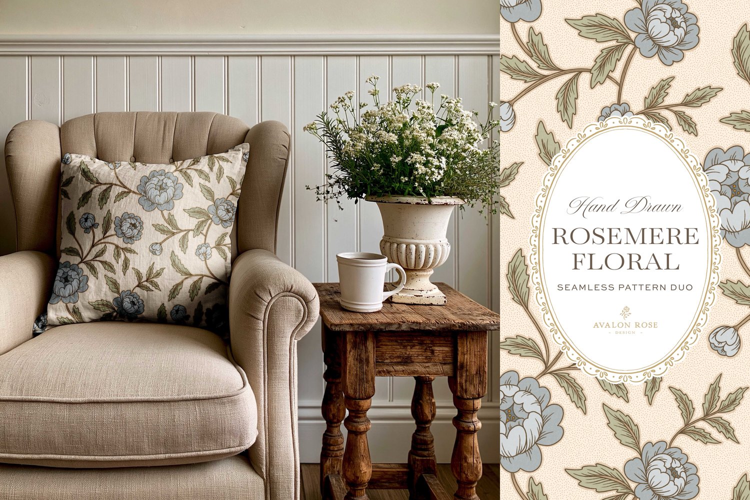 seamless surface pattern featuring hand drawn stylized floral climbing roses with a matching polka dot in blue, green and cream on a throw pillow