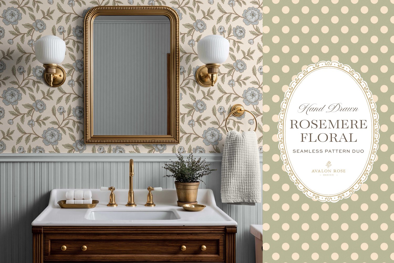 seamless surface pattern featuring hand drawn stylized floral climbing roses with a matching polka dot in blue, green and cream on wallpaper in a bathroom