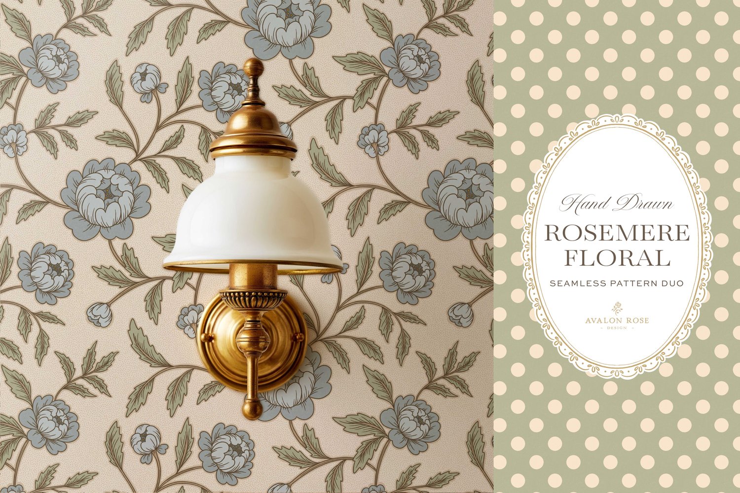 seamless surface pattern featuring hand drawn stylized floral climbing roses with a matching polka dot in blue, green and cream on wallpaper behind a brass wall lamp