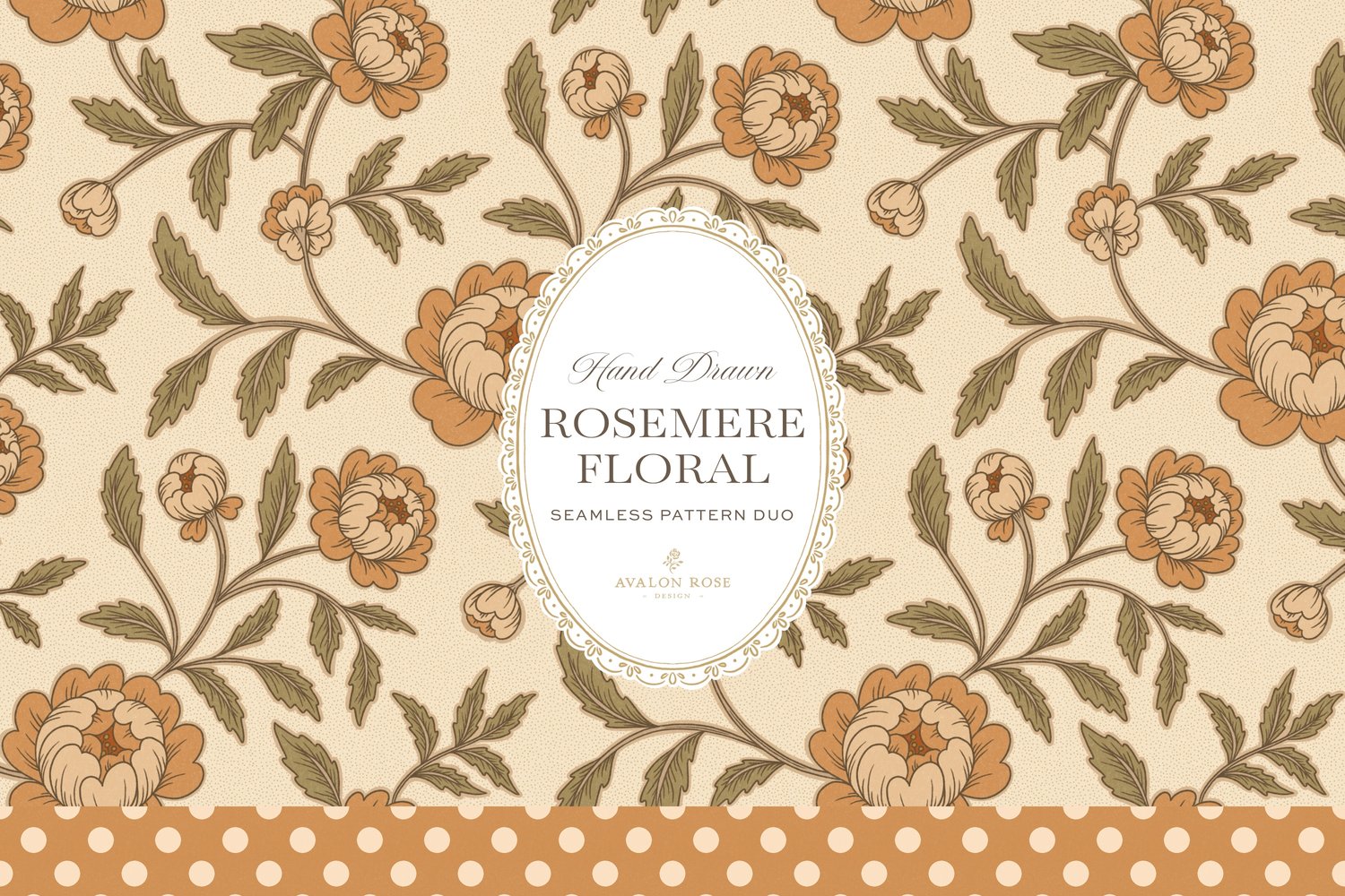Vintage-inspired seamless surface pattern featuring hand drawn stylized floral climbing roses with a matching polka dot in orange and green