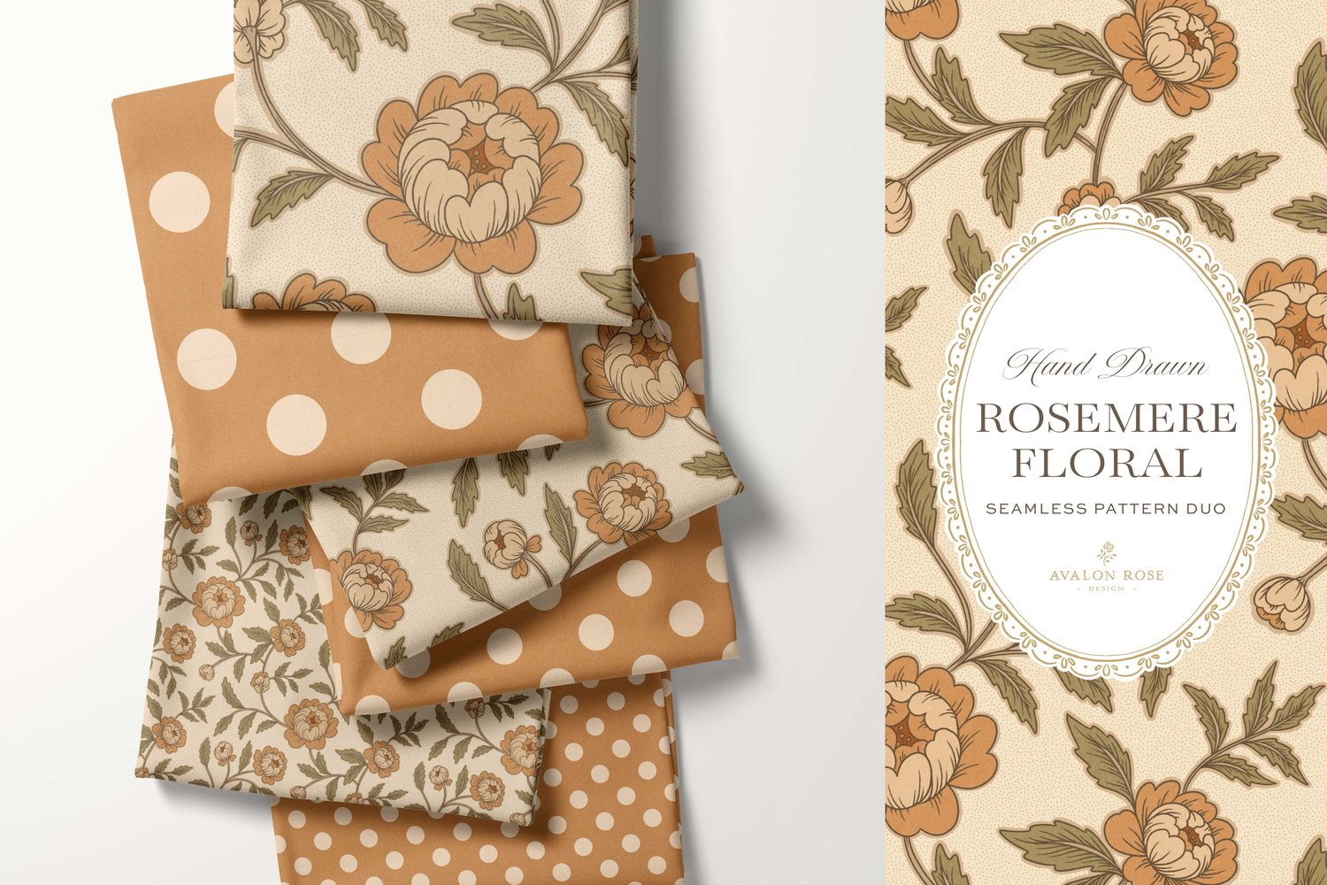 Vintage-inspired seamless surface pattern featuring hand drawn stylized floral climbing roses with a matching polka dot in orange and green on stacks of fabric