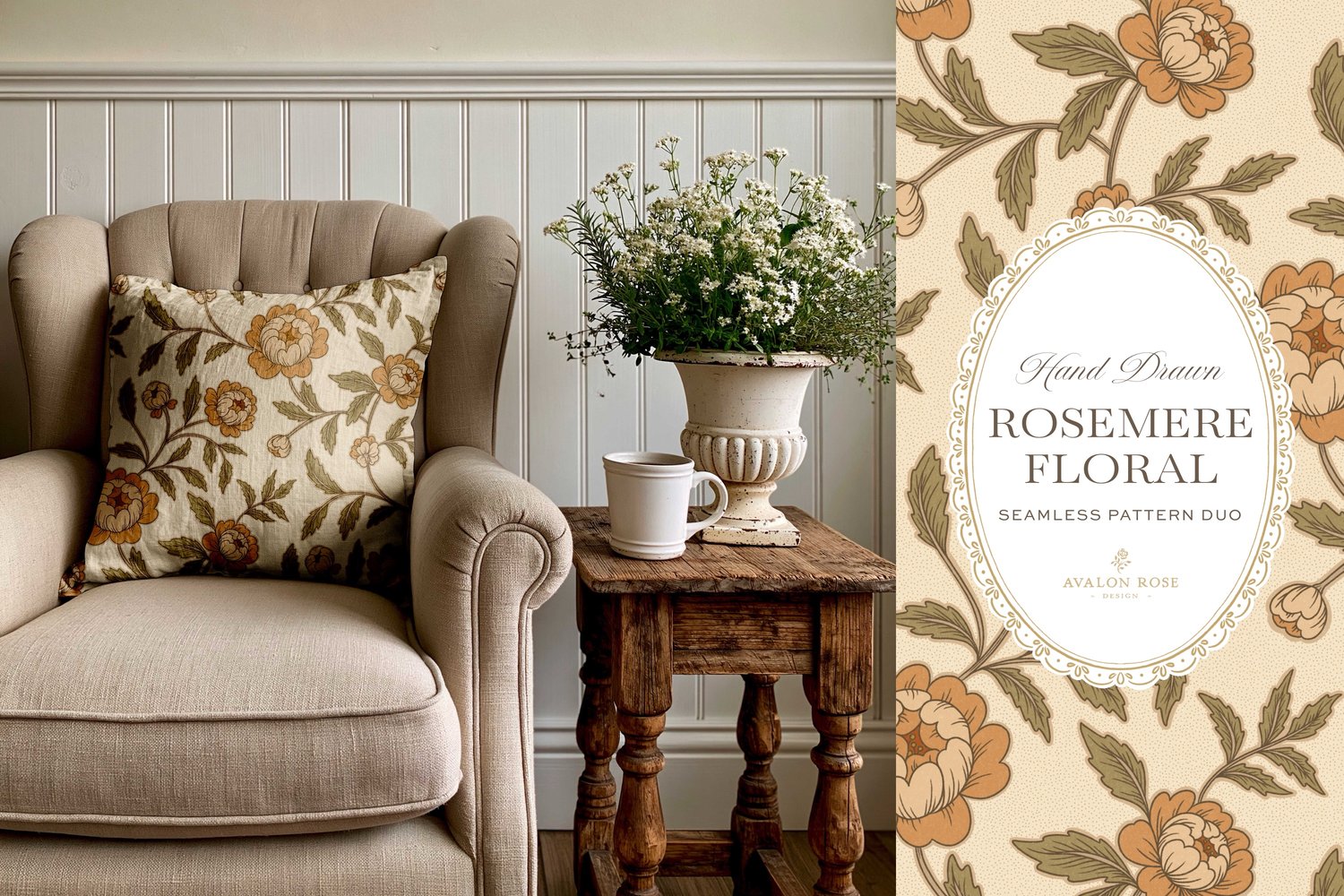 Vintage-inspired seamless surface pattern featuring hand drawn stylized floral climbing roses with a matching polka dot in orange and green on a throw pillow in a beige chair
