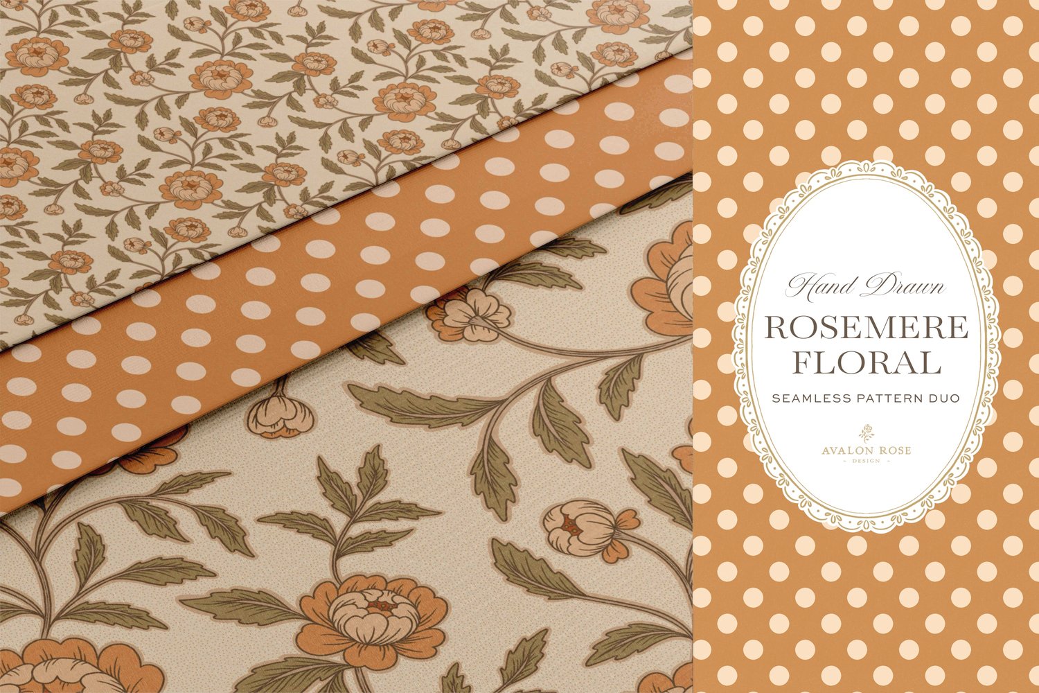 Vintage-inspired seamless surface pattern featuring hand drawn stylized floral climbing roses with a matching polka dot in orange and green on scrapbook paper