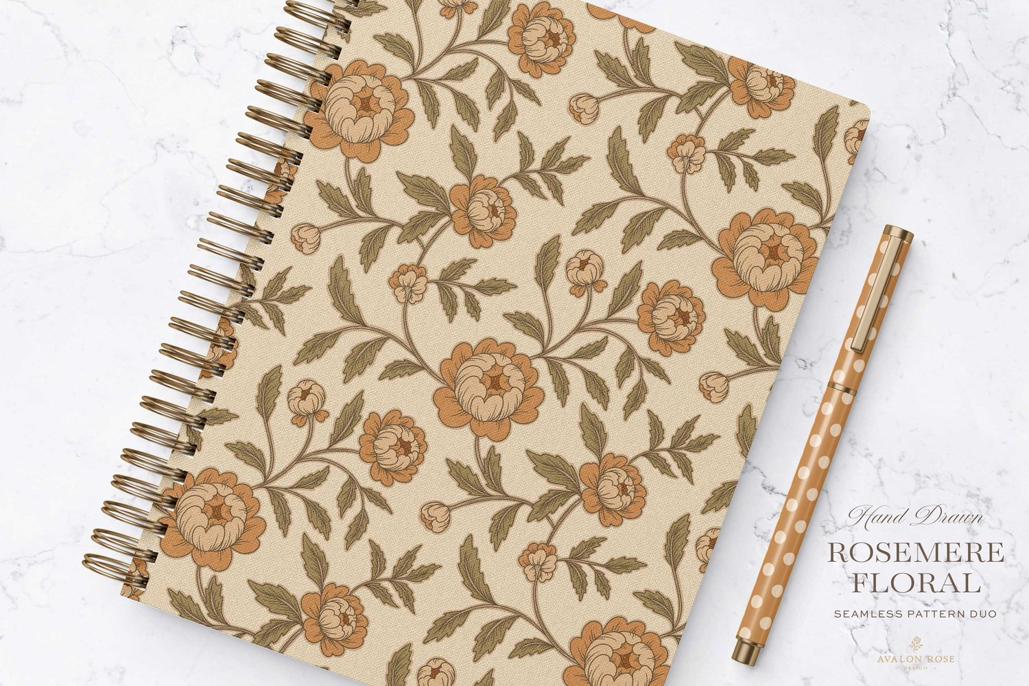 Vintage-inspired seamless surface pattern featuring hand drawn stylized floral climbing roses with a matching polka dot in orange and green on a spiral notebook