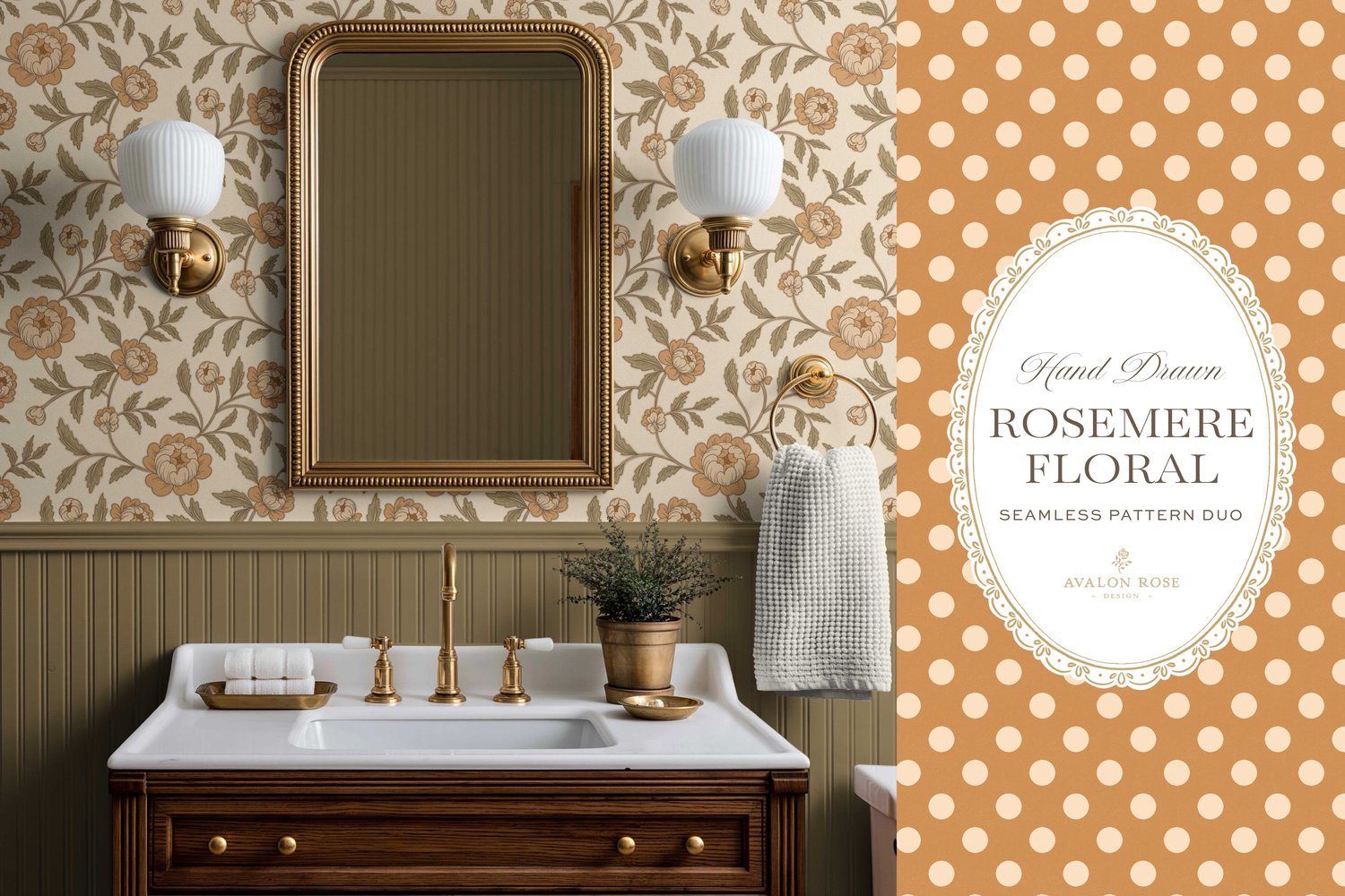 Vintage-inspired seamless surface pattern featuring hand drawn stylized floral climbing roses with a matching polka dot in orange and green on wallpaper in a bathroom with olive green wainscoting