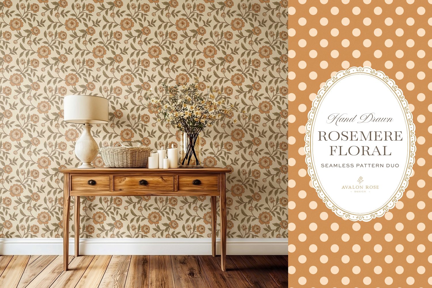 Vintage-inspired seamless surface pattern featuring hand drawn stylized floral climbing roses with a matching polka dot in orange and green on wallpaper in a cottage room