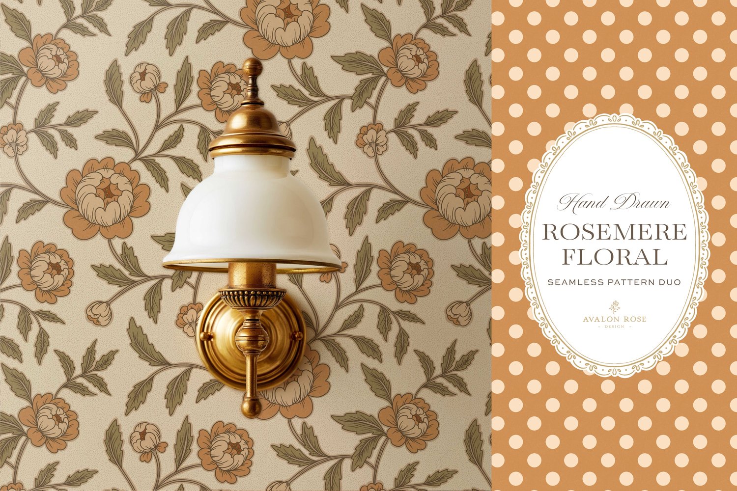 Vintage-inspired seamless surface pattern featuring hand drawn stylized floral climbing roses with a matching polka dot in orange and green on wallpaper with a brass wall lamp