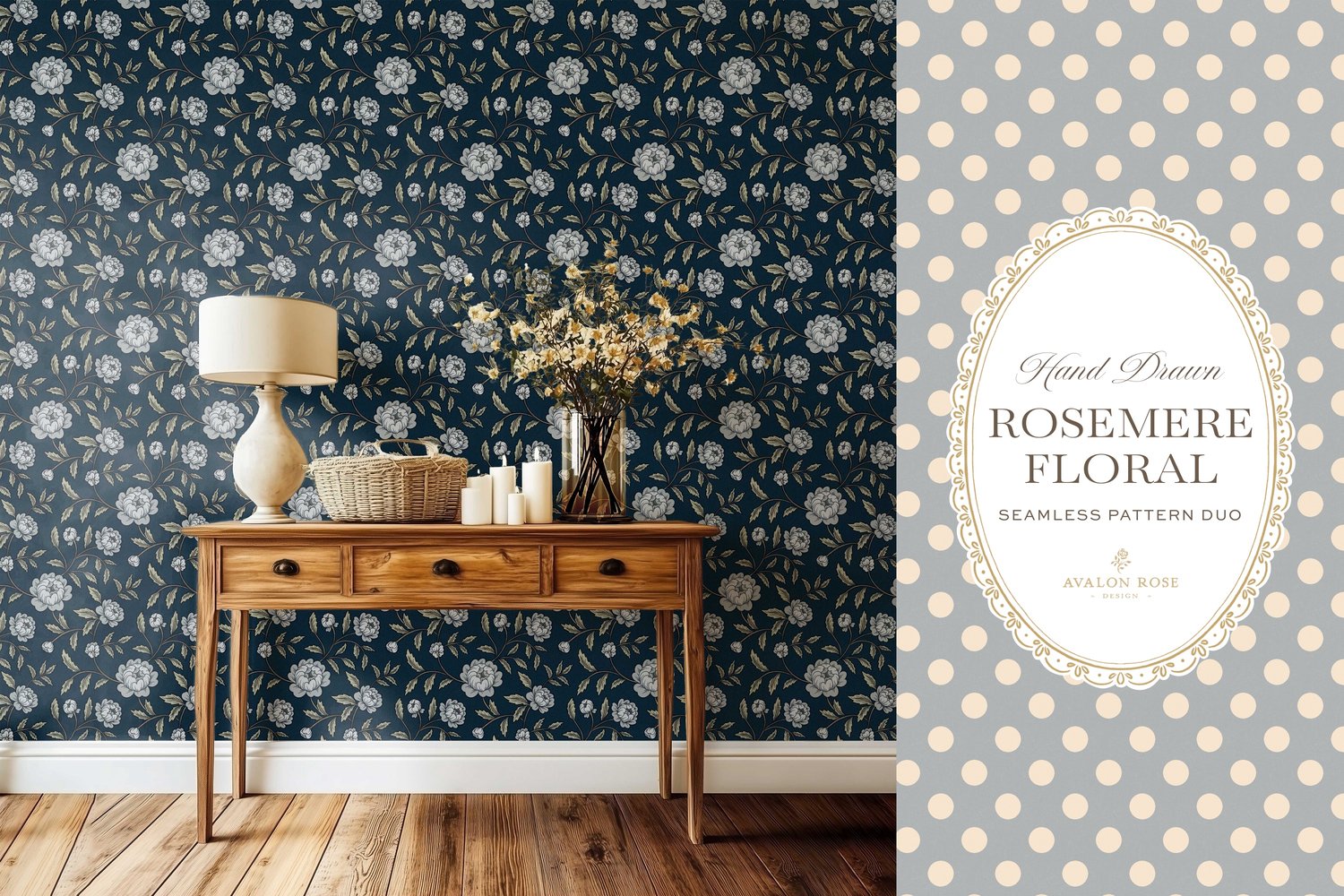 Vintage-inspired seamless surface pattern featuring hand drawn stylized floral climbing roses with a matching polka dot  in navy blue on wallpaper in a cottage room