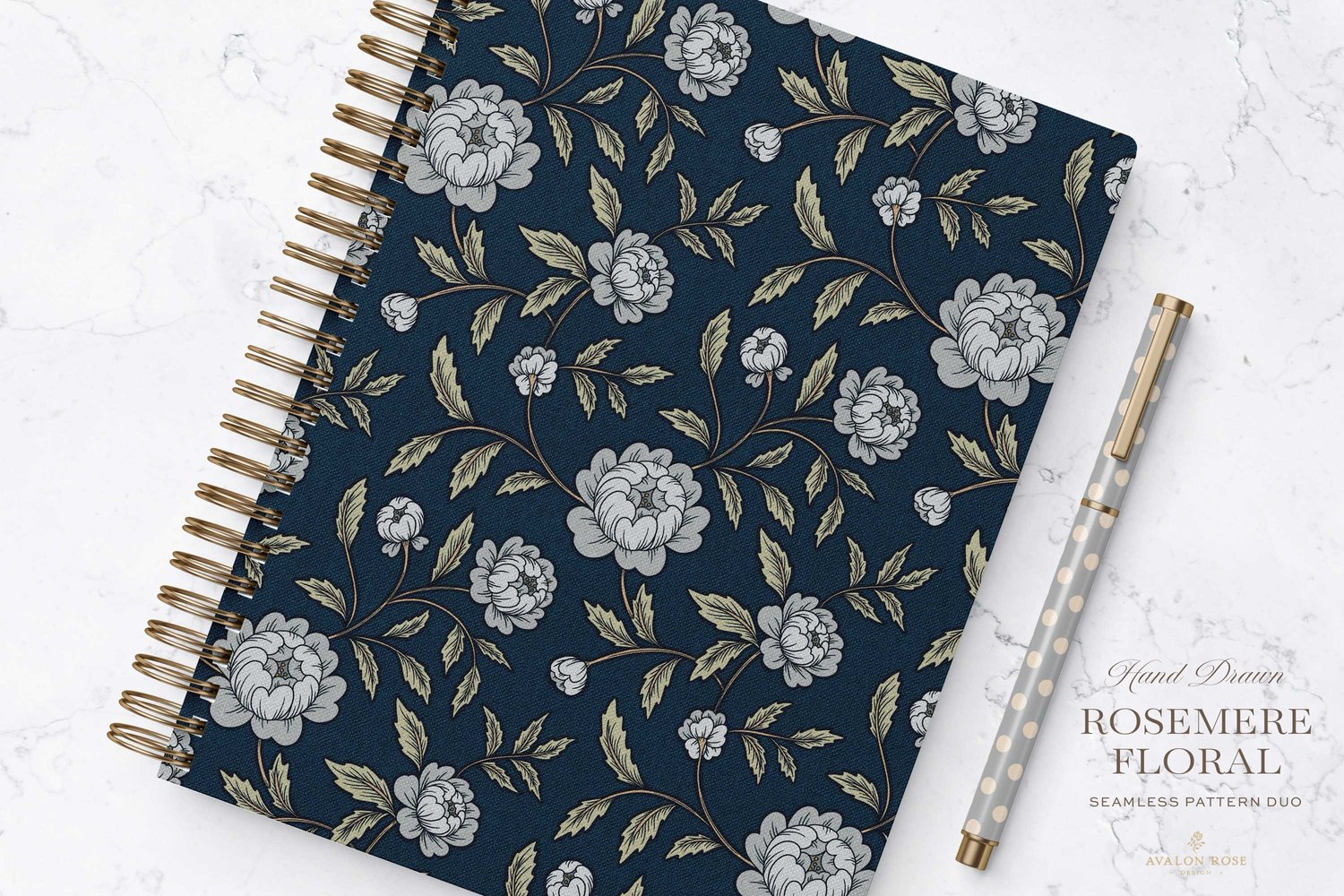 Vintage-inspired seamless surface pattern featuring hand drawn stylized floral climbing roses with a matching polka dot  in navy blue on a spiral notebook