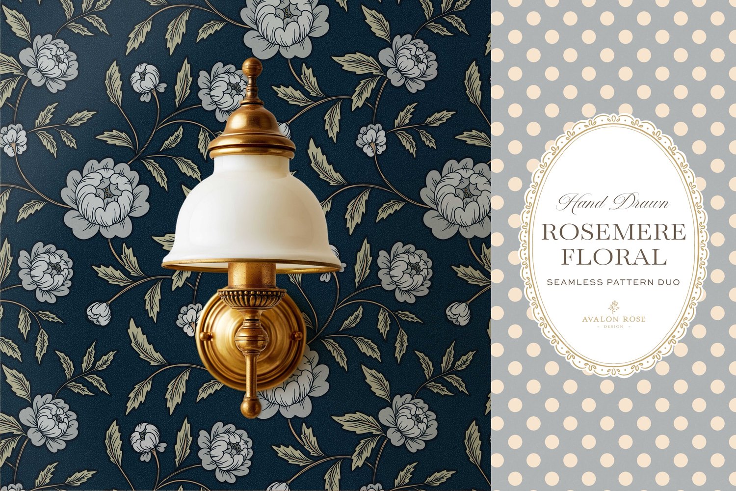 Vintage-inspired seamless surface pattern featuring hand drawn stylized floral climbing roses with a matching polka dot  in navy blue on wallpaper with a brass wall lamp