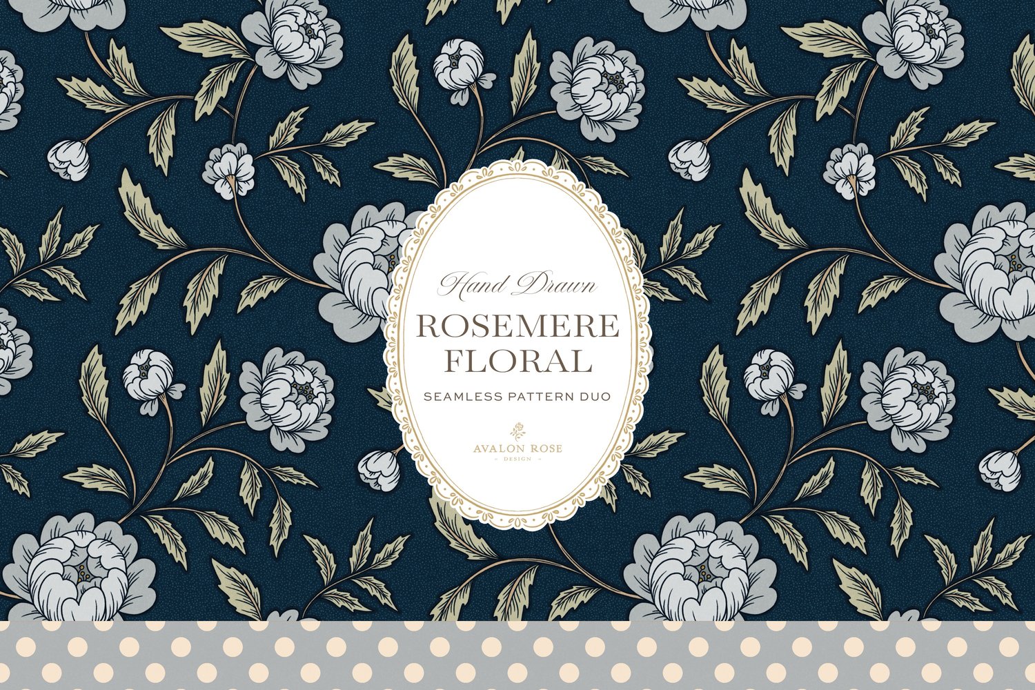Vintage-inspired seamless surface pattern featuring hand drawn stylized floral climbing roses with a matching polka dot  in navy blue