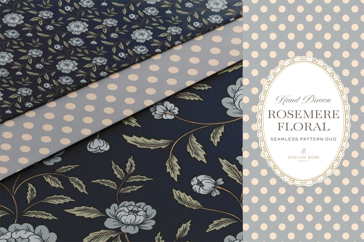 Vintage-inspired seamless surface pattern featuring hand drawn stylized floral climbing roses with a matching polka dot  in navy blue on scrapbook paper