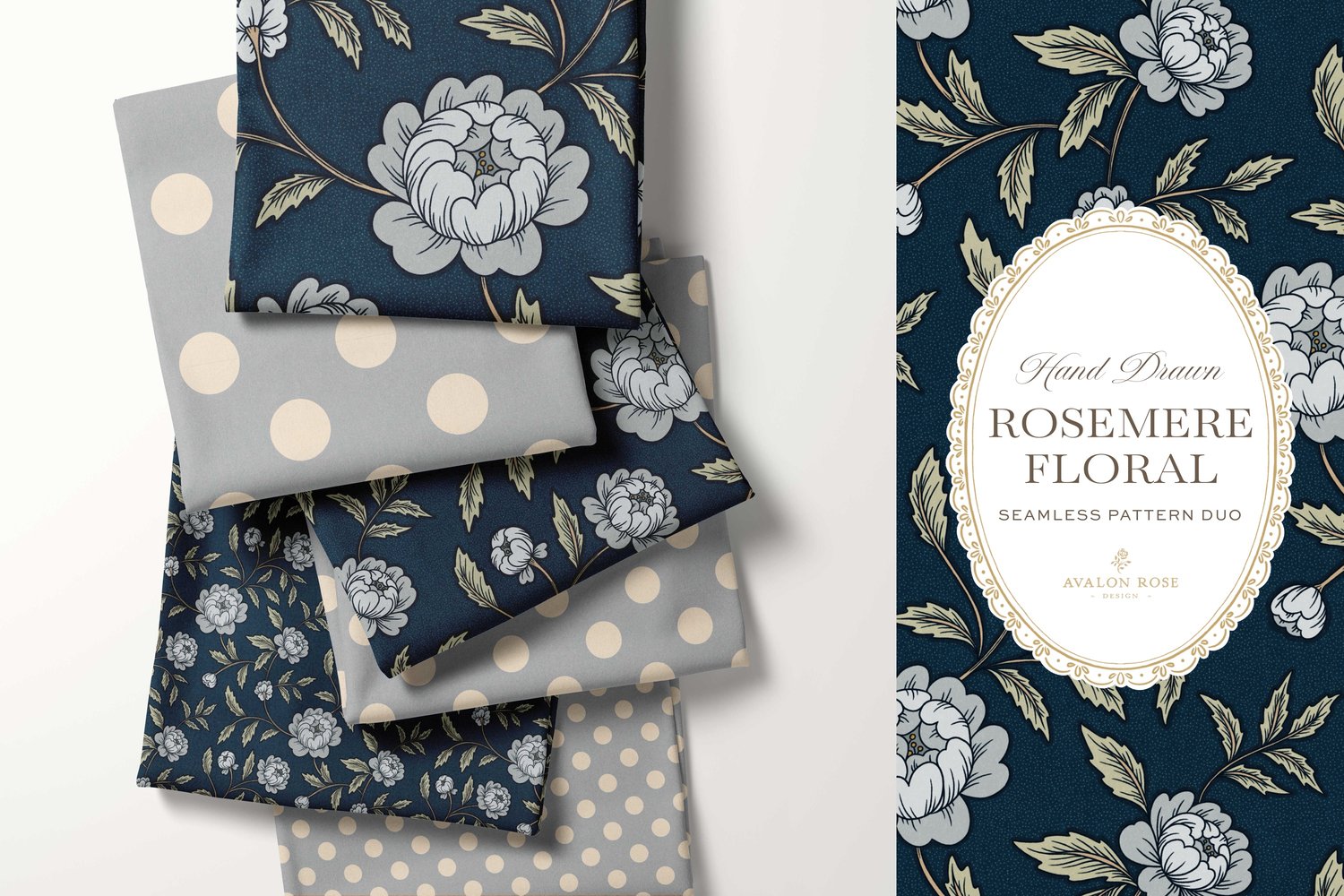 Vintage-inspired seamless surface pattern featuring hand drawn stylized floral climbing roses with a matching polka dot  in navy blue on stacks of fabrics