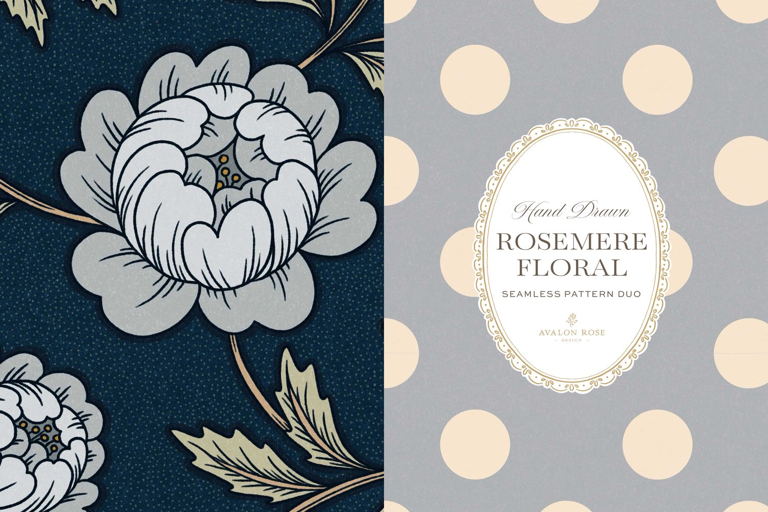 Vintage-inspired seamless surface pattern featuring hand drawn stylized floral climbing roses with a matching polka dot  in navy blue
