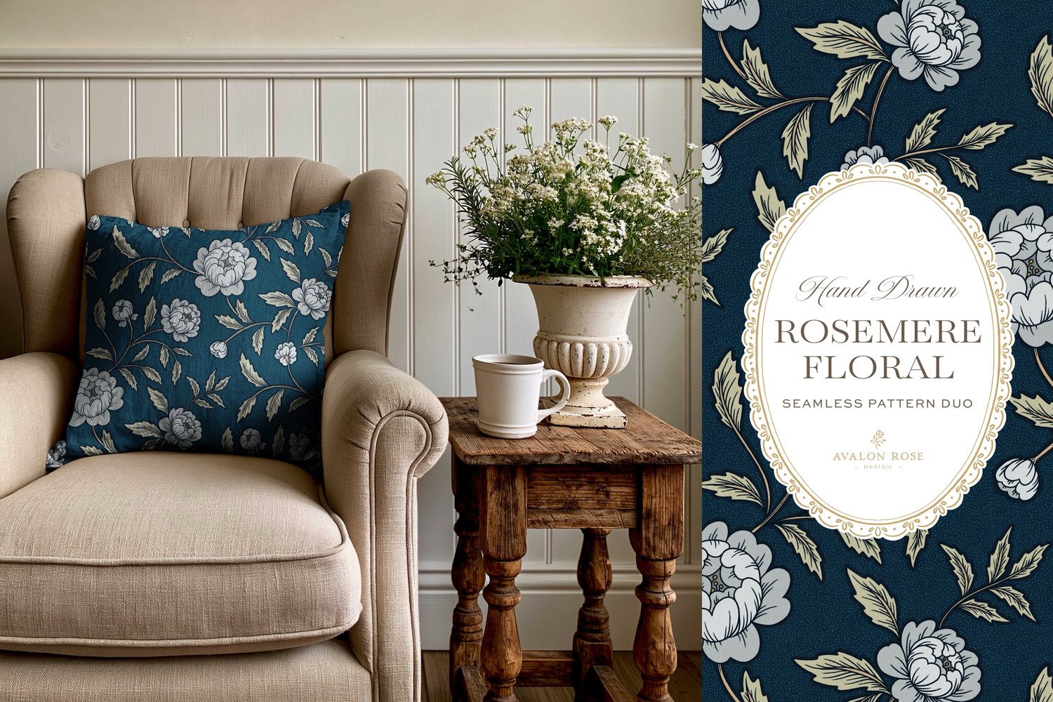 Vintage-inspired seamless surface pattern featuring hand drawn stylized floral climbing roses with a matching polka dot  in navy blue on a throw pillow in a beige chair
