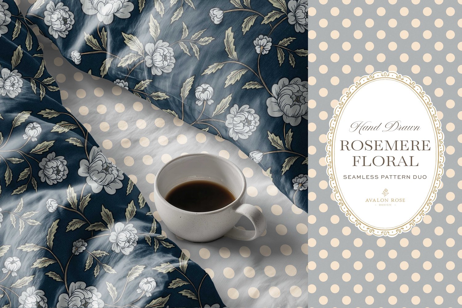 Vintage-inspired seamless surface pattern featuring hand drawn stylized floral climbing roses with a matching polka dot  in navy blue on bedding with a coffee mug