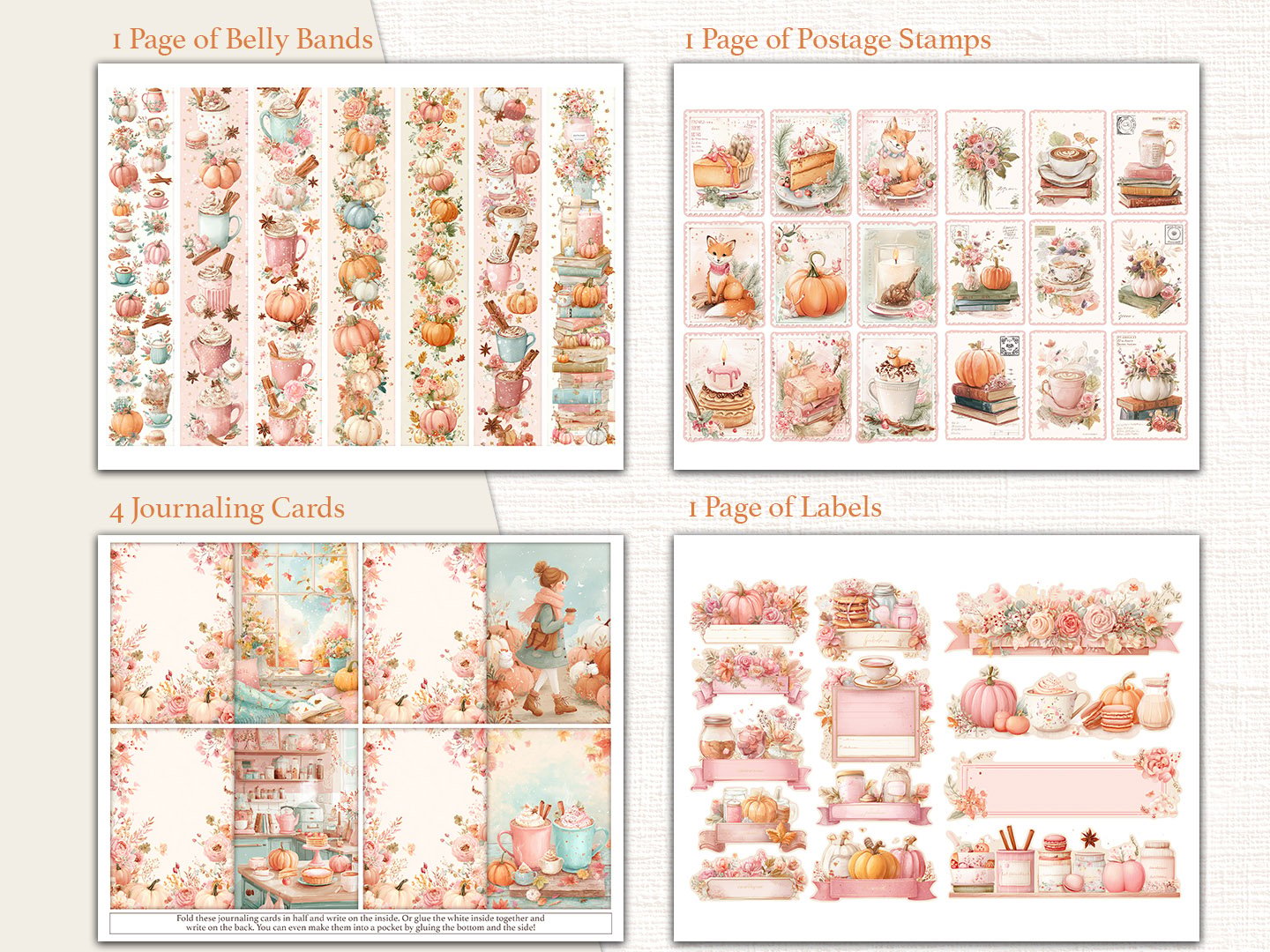 A collage showing printable journal elements including belly bands, fake postage stamps, journaling cards, and decorative fall labels.