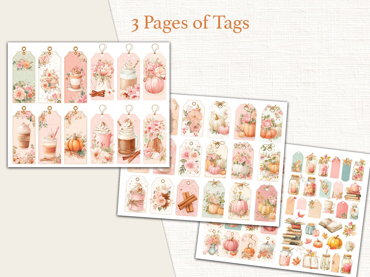 Three pages of printable autumn gift tags featuring watercolor pumpkins, cozy coffee cups, pie slices, and floral fall illustrations.