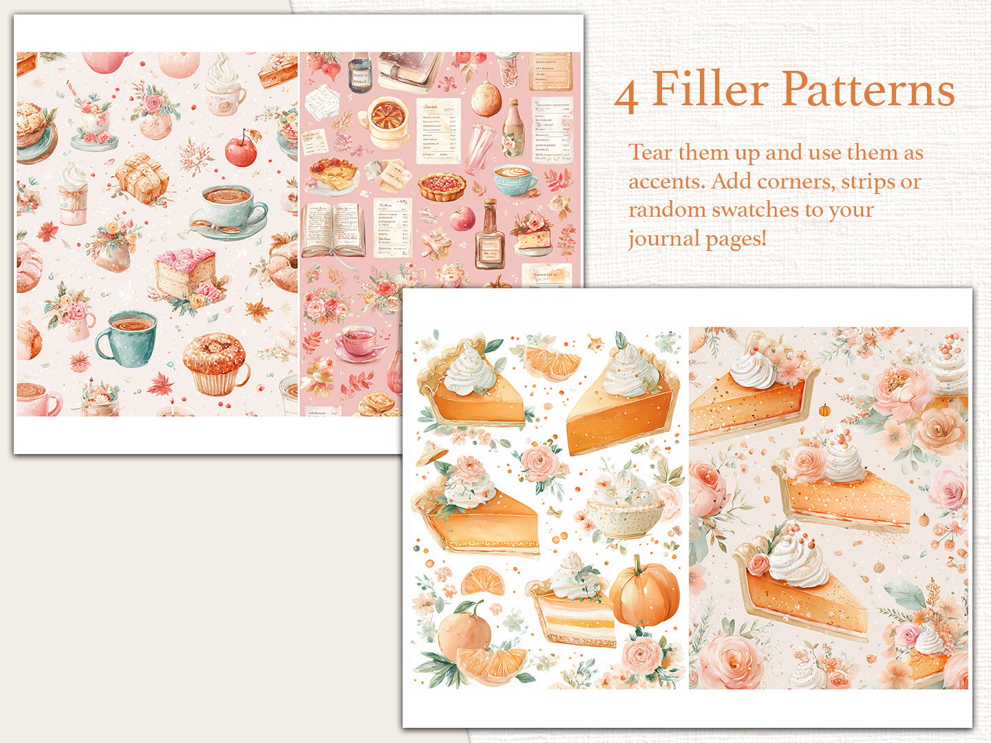 Four seamless autumn filler background patterns featuring slices of pumpkin pie, cozy fall drinks, warm floral accents, and autumn treats.
