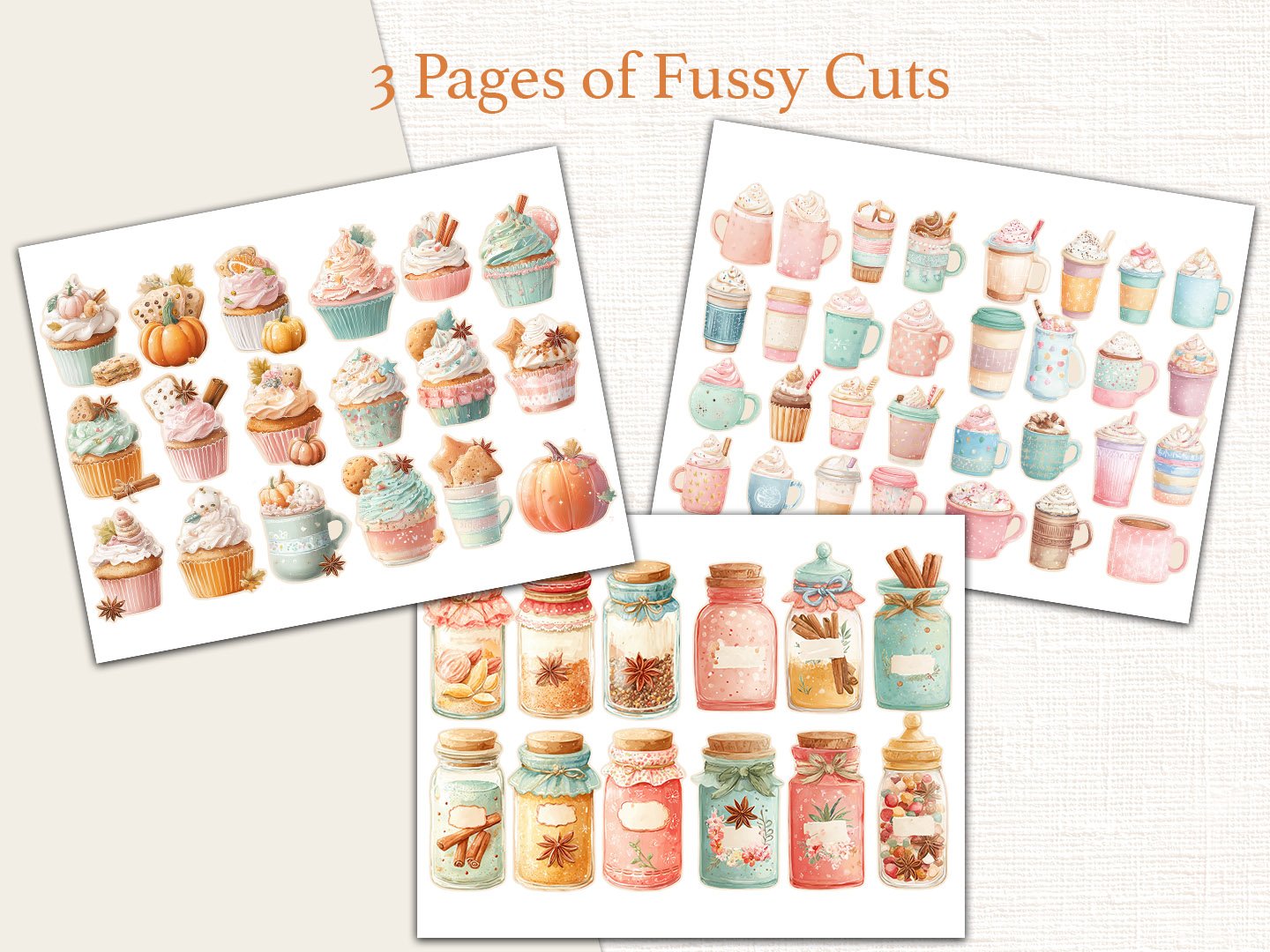 Three printable pages of fussy cut ephemera showcasing watercolor autumn desserts, pumpkin spice lattes, cupcakes, iced drinks, and cozy mason jars.