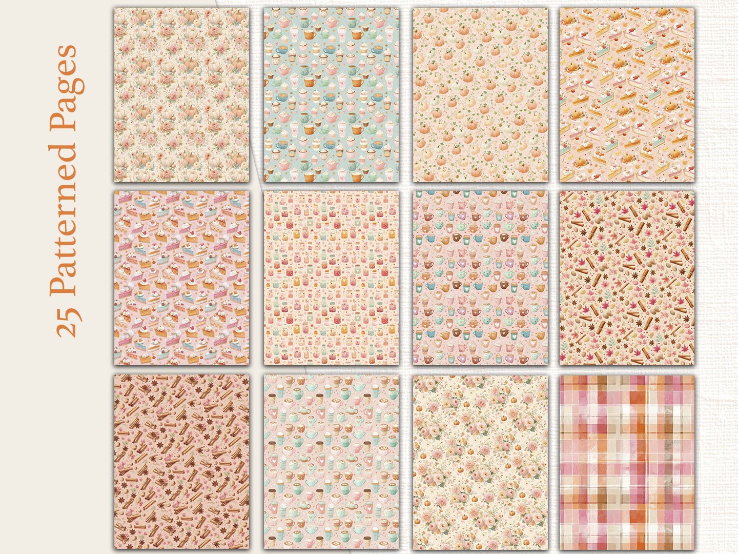 Grid view displaying 12 of the printable patterned background pages featuring fall florals, soft stripes, and pumpkin spice motifs.