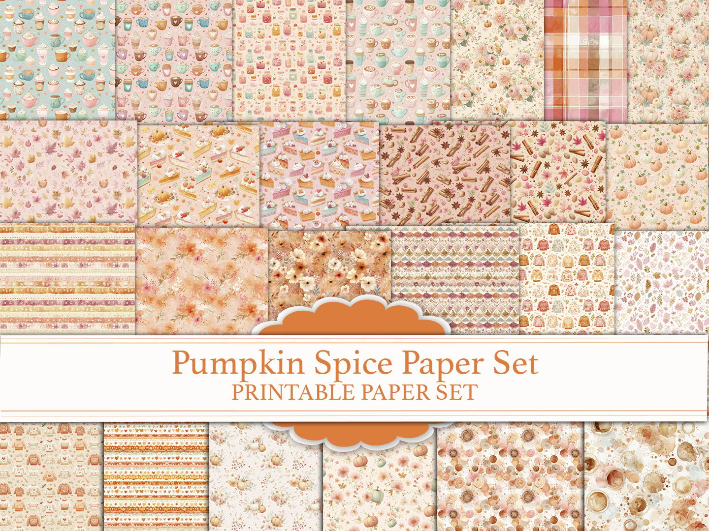 Pumpkin Spice Paper Set printable cover image displaying a grid mockup of all 25 cozy, watercolor autumn-patterned papers.