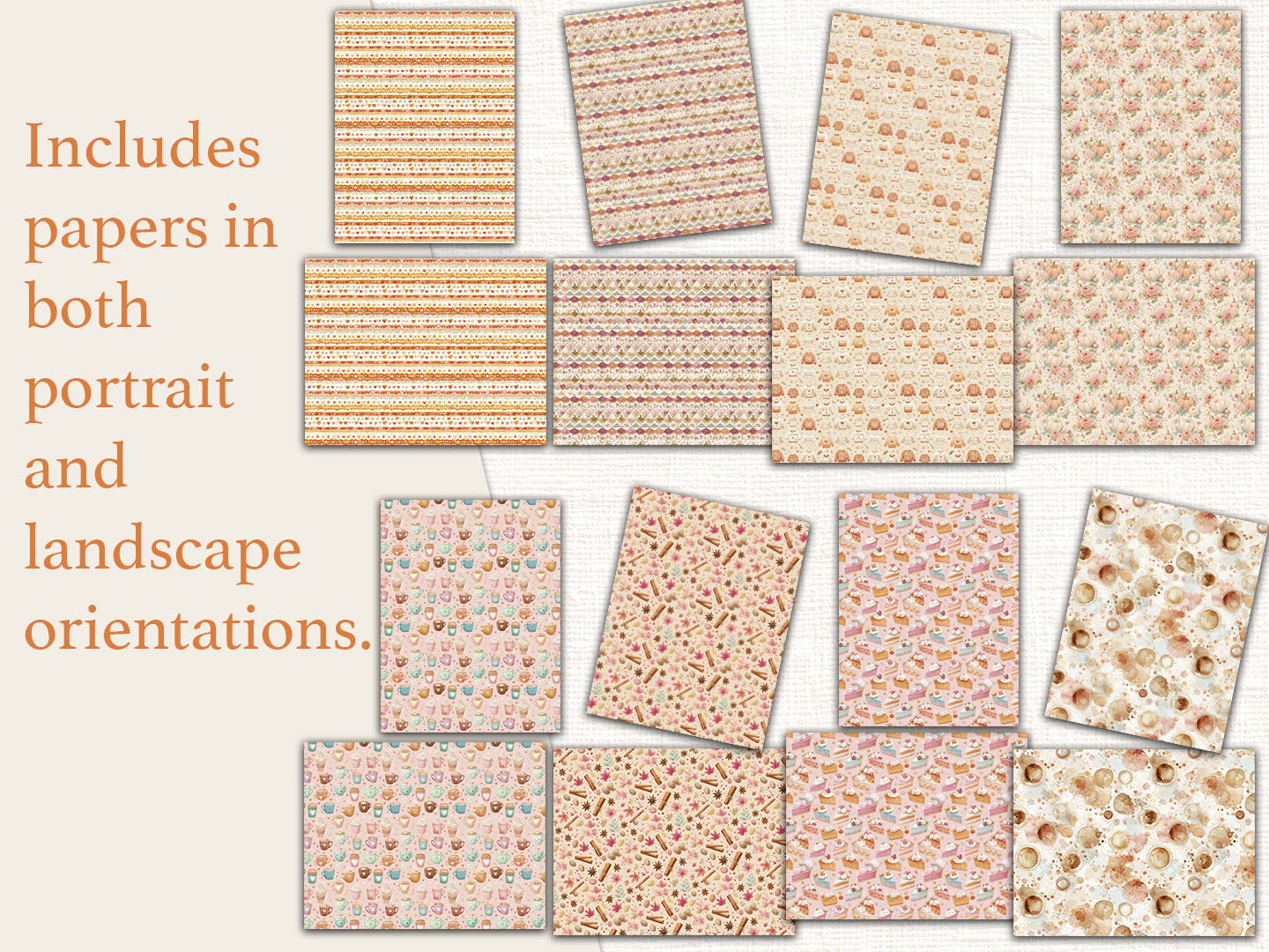 Mockup showing an assortment of the pumpkin spice decorative papers, highlights that the set includes both portrait and landscape orientations.