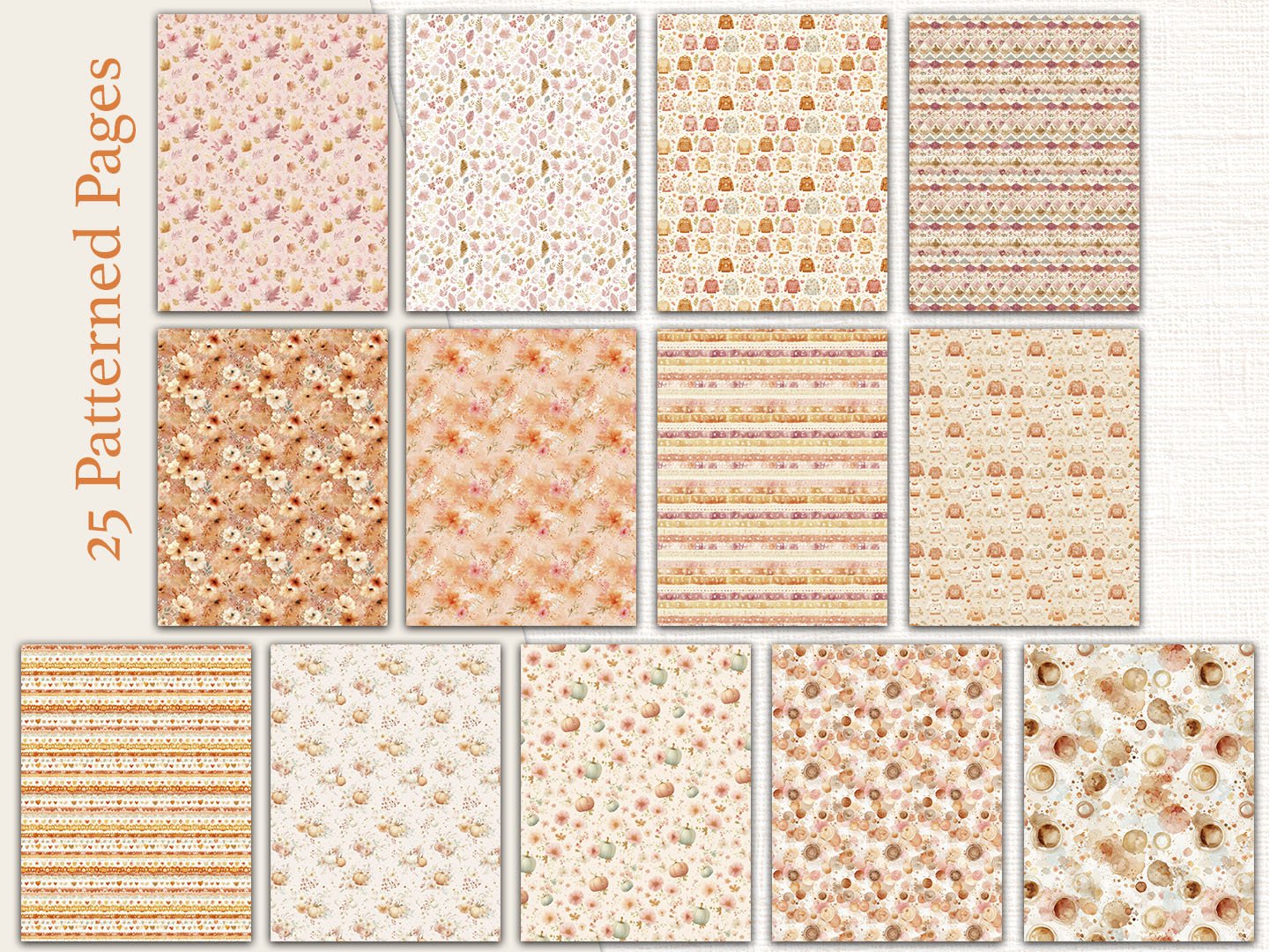 Grid view displaying the remaining 13 printable patterned background pages showing warm autumn colors, plaid, and floral textures.
