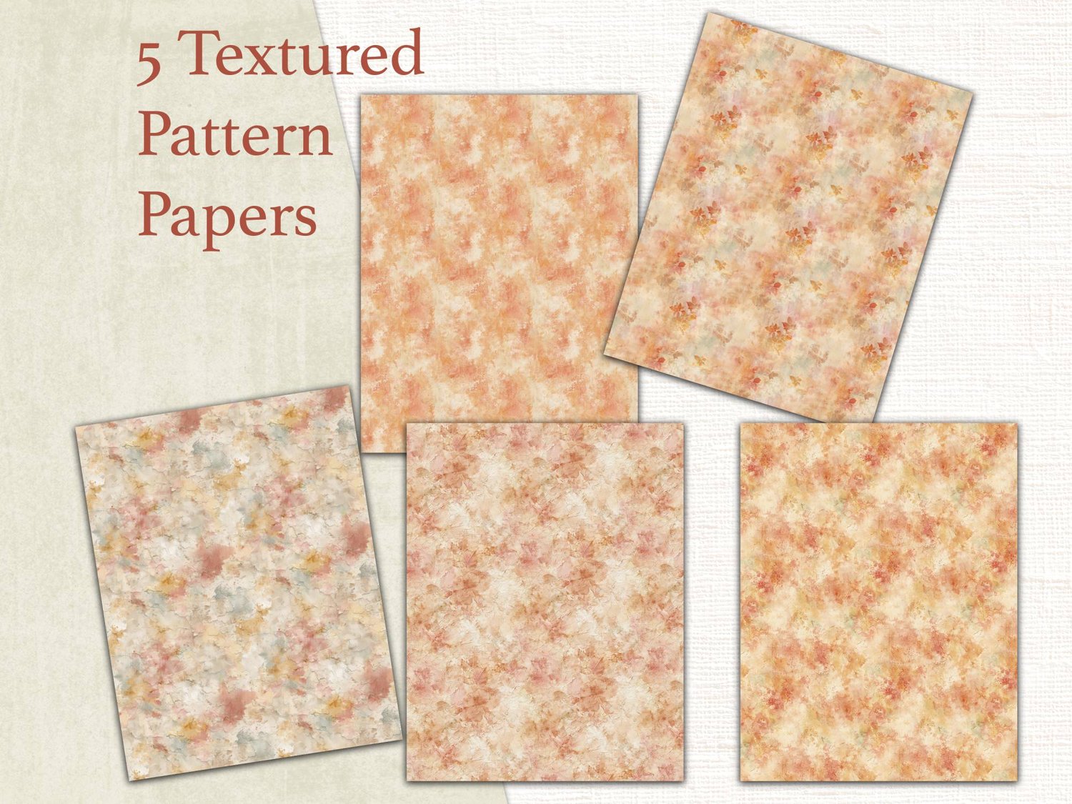 Display of 5 textured pattern background papers in warm peach and cream speckled tones.