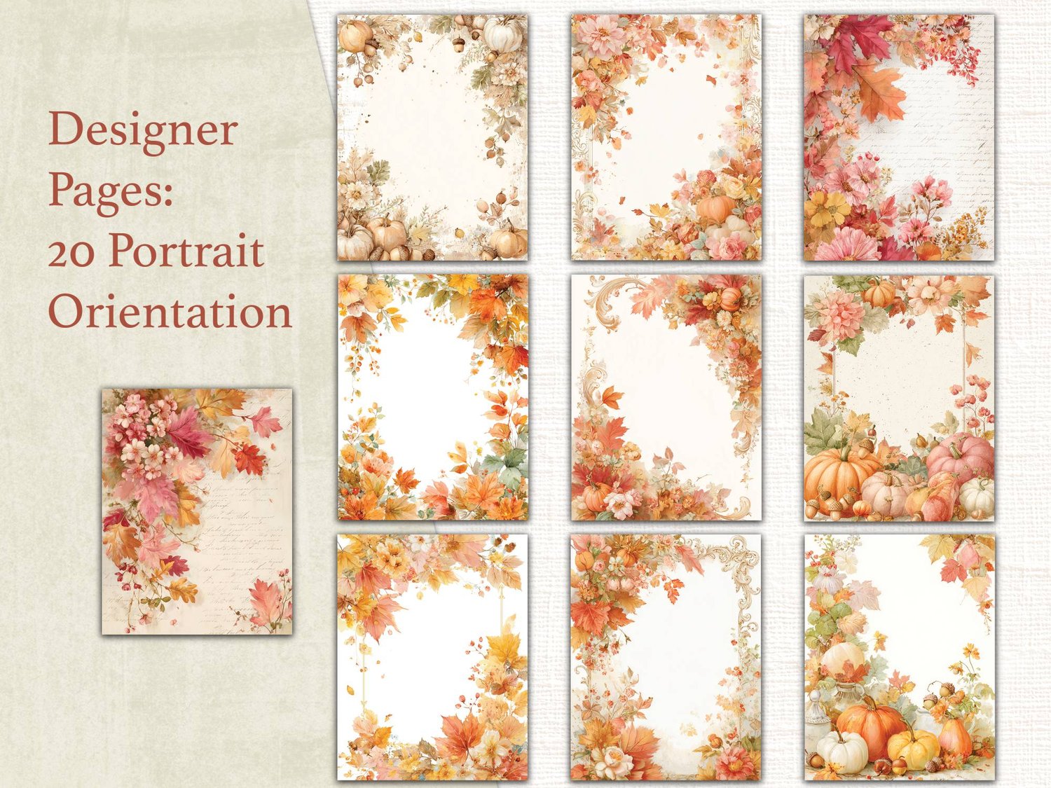 Grid view displaying 10 portrait-oriented designer journal pages decorated with warm watercolor pumpkin clusters, fall leaves, and botanical borders.