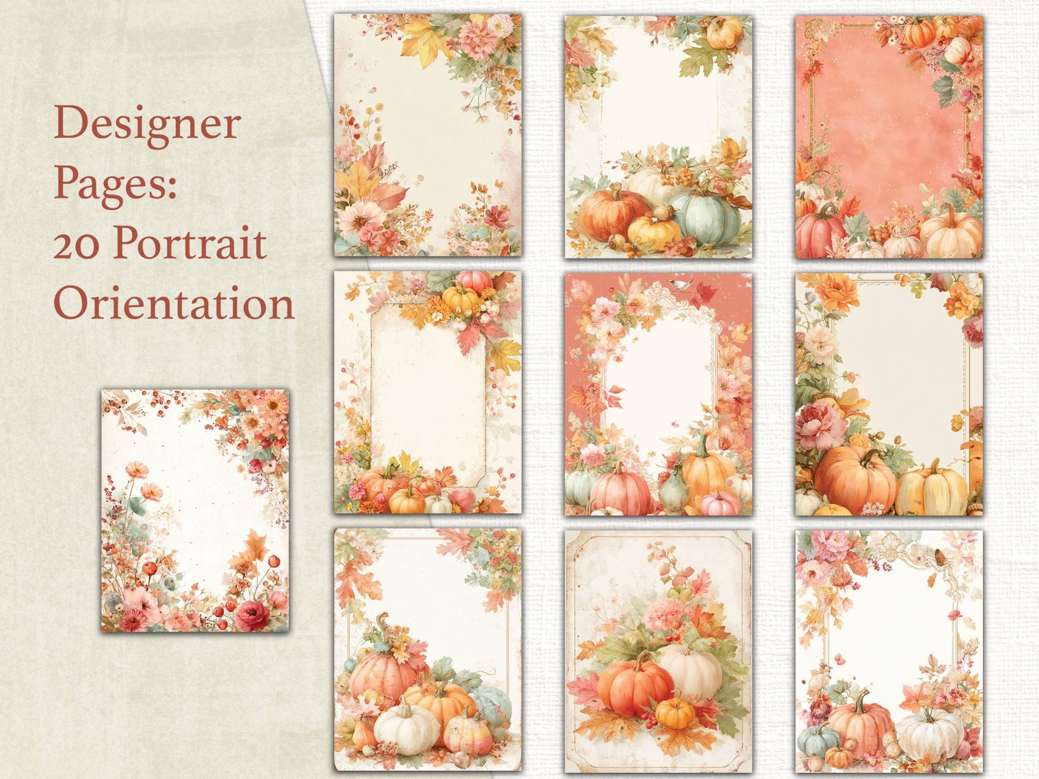 Grid view displaying 10 additional portrait-oriented designer journal pages featuring rich orange, cream, and brown fall foliage framing blank writing space.