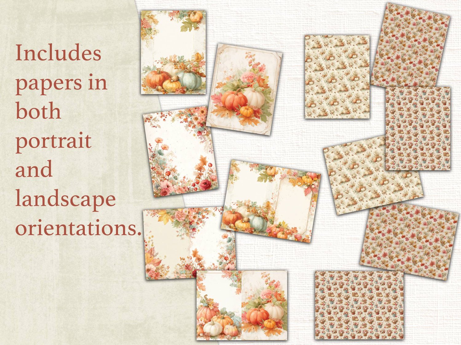 Mockup showing various scattered pages from the set, text highlighting that papers are included in both portrait and landscape orientations.