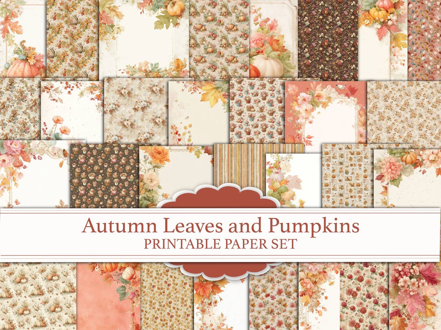Autumn Leaves and Pumpkins Printable Paper Set cover preview showcasing a grid of rustic fall-patterned papers featuring pumpkins, leaves, wood grain, and floral textures.
