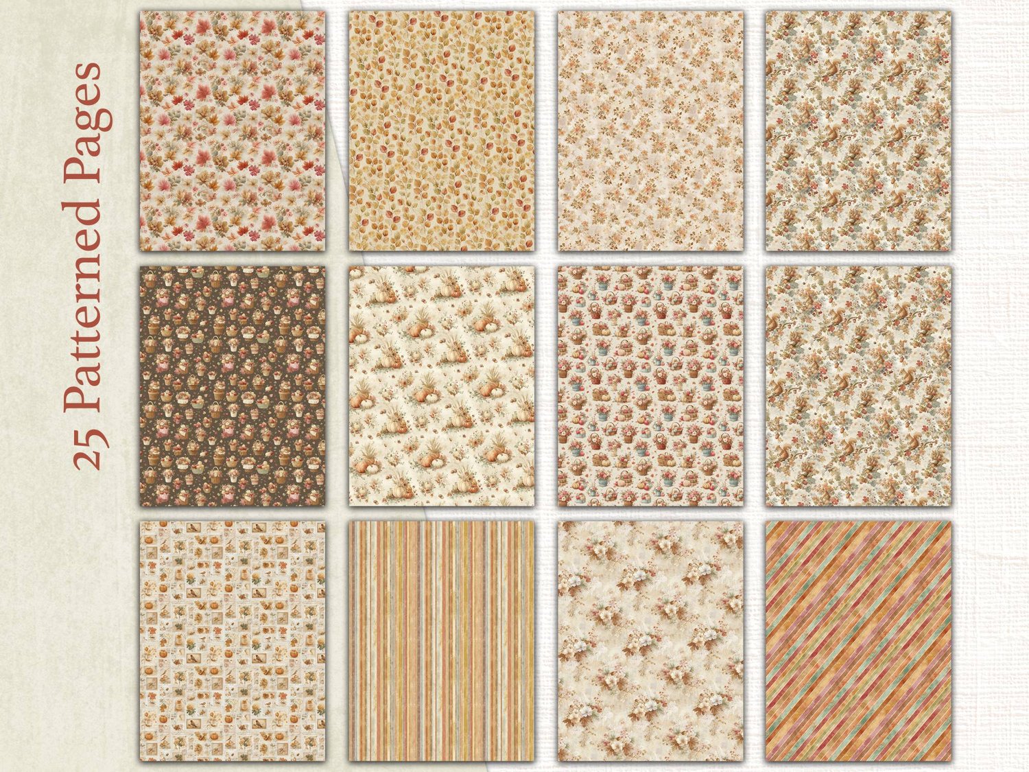 Grid view showcasing 12 seamless background papers in rustic shades of brown, gold, and cream, featuring leaves, acorns, and wood textures.