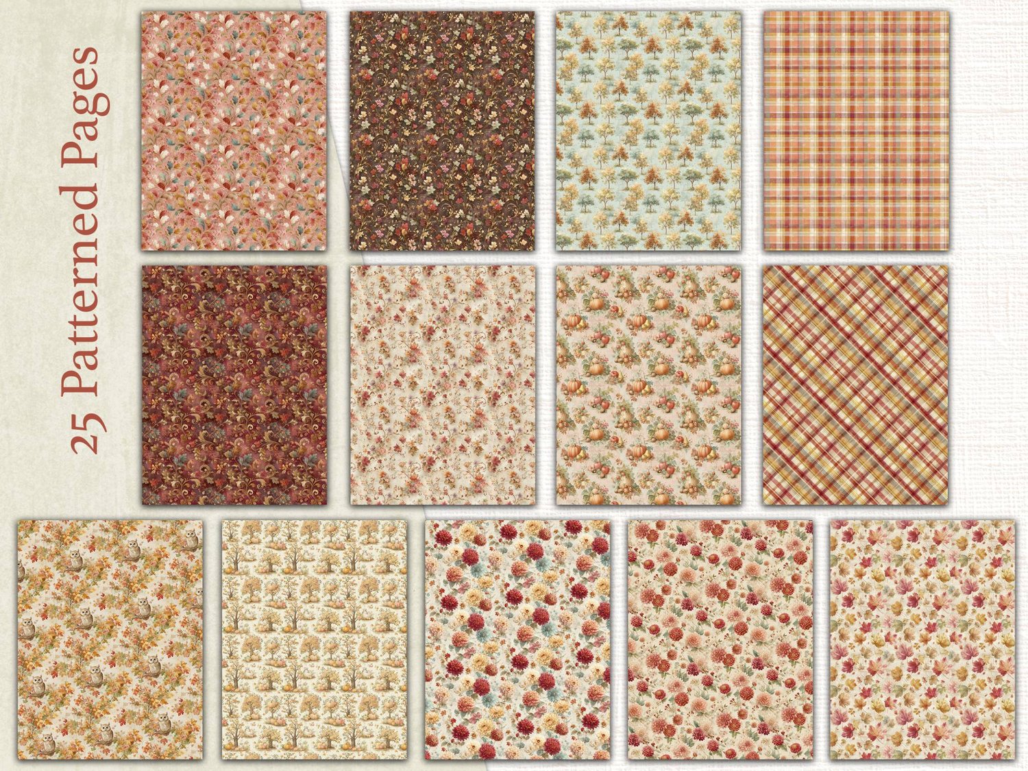 Grid view showcasing 13 additional background papers with autumn floral prints, warm plaid designs, and leaf patterns.