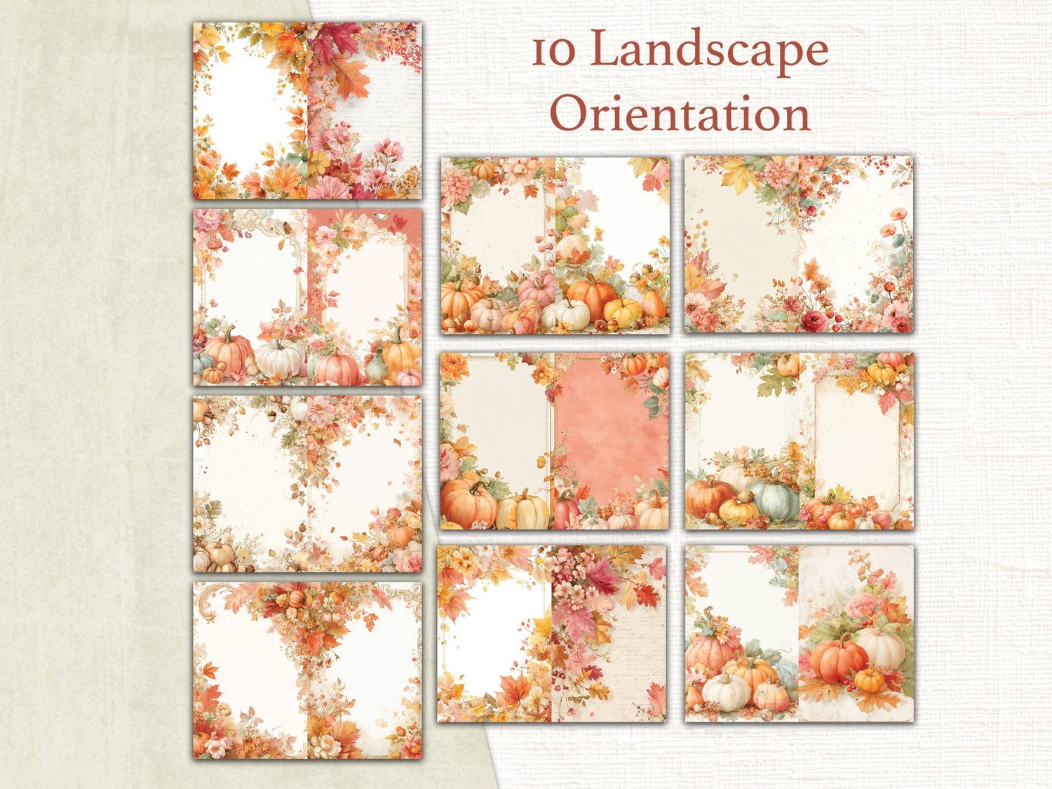 Grid showing 10 landscape-oriented journal pages featuring pumpkin patches, autumn leaves, and cozy textured frames.