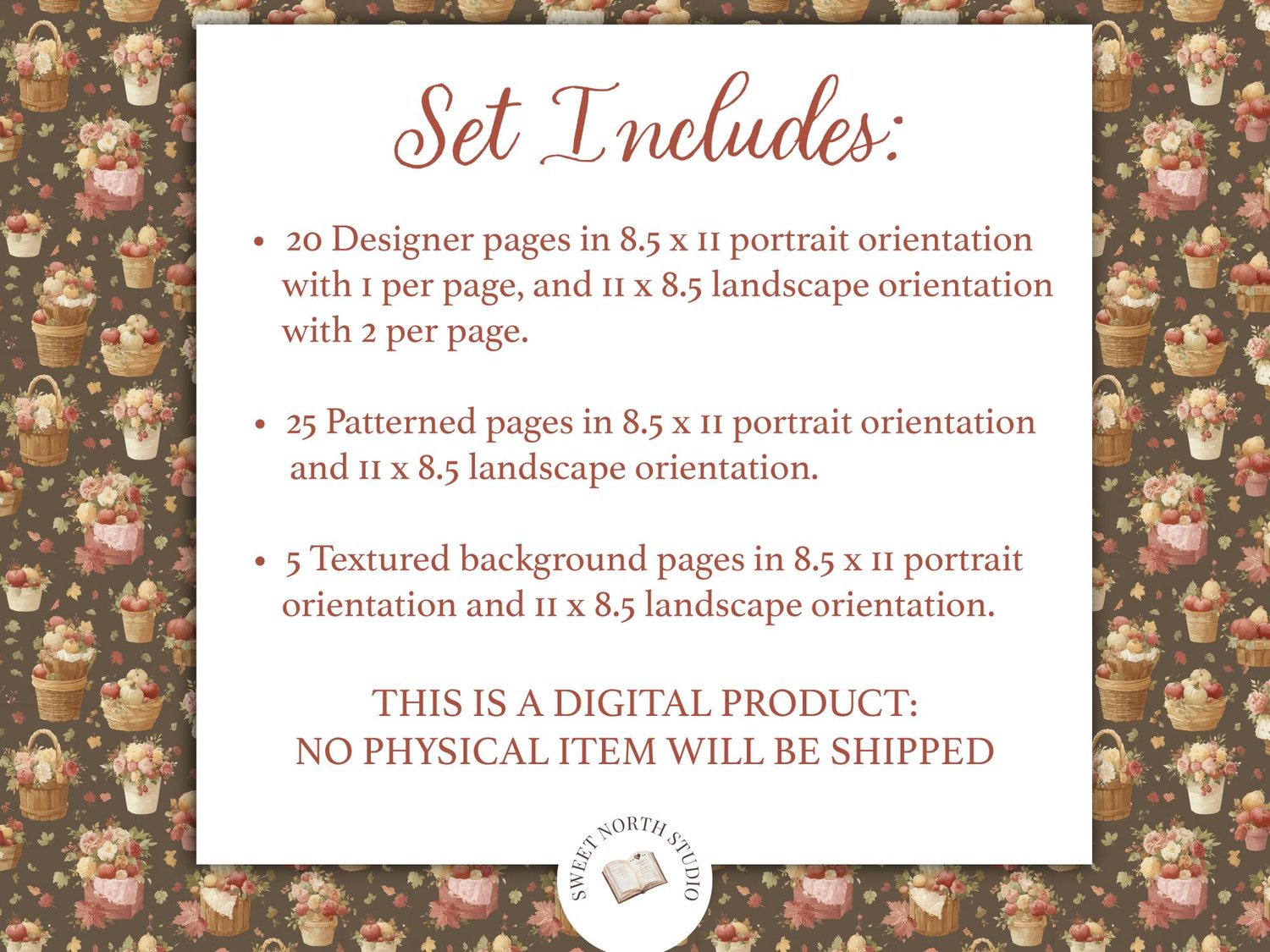 Summary graphic detailing the contents: 20 designer pages (portrait & landscape), 25 patterned pages, and 5 textured background papers, with a notice reading "This is a digital product: no physical item will be shipped."
