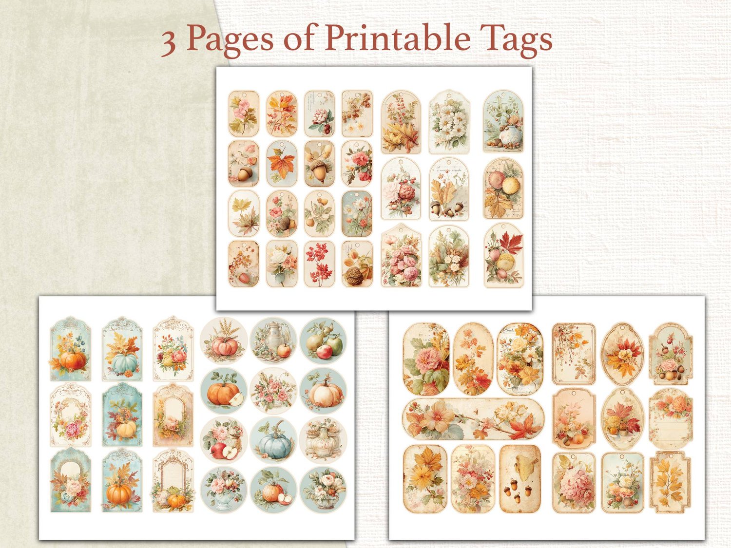 Three printable pages showing a collection of arched and classic gift tags with detailed watercolor fall foliage, pumpkin patches, and woodland creatures.